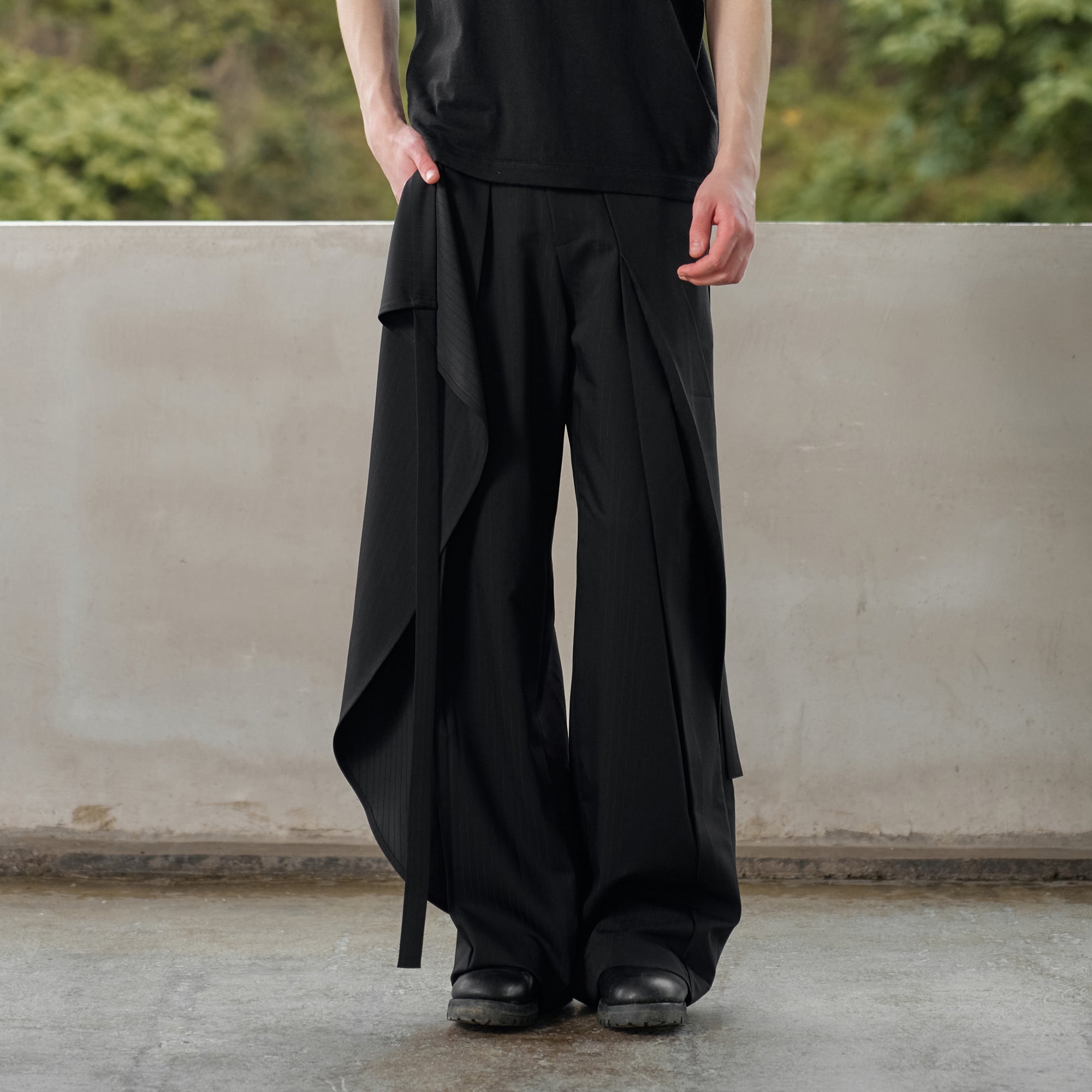 MOITIEDEPETALE Detachable Wrap Panel Slanted Pleat Trousers-Pants-XS (Preorder)-Free Shipping Leatheretro