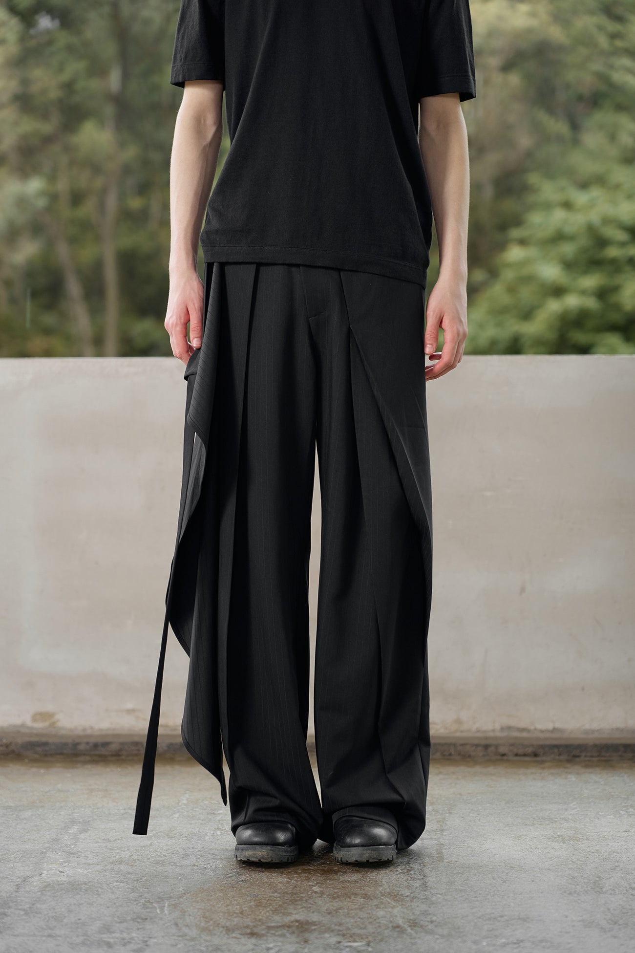 MOITIEDEPETALE Detachable Wrap Panel Slanted Pleat Trousers-Pants-XS (Preorder)-Free Shipping Leatheretro