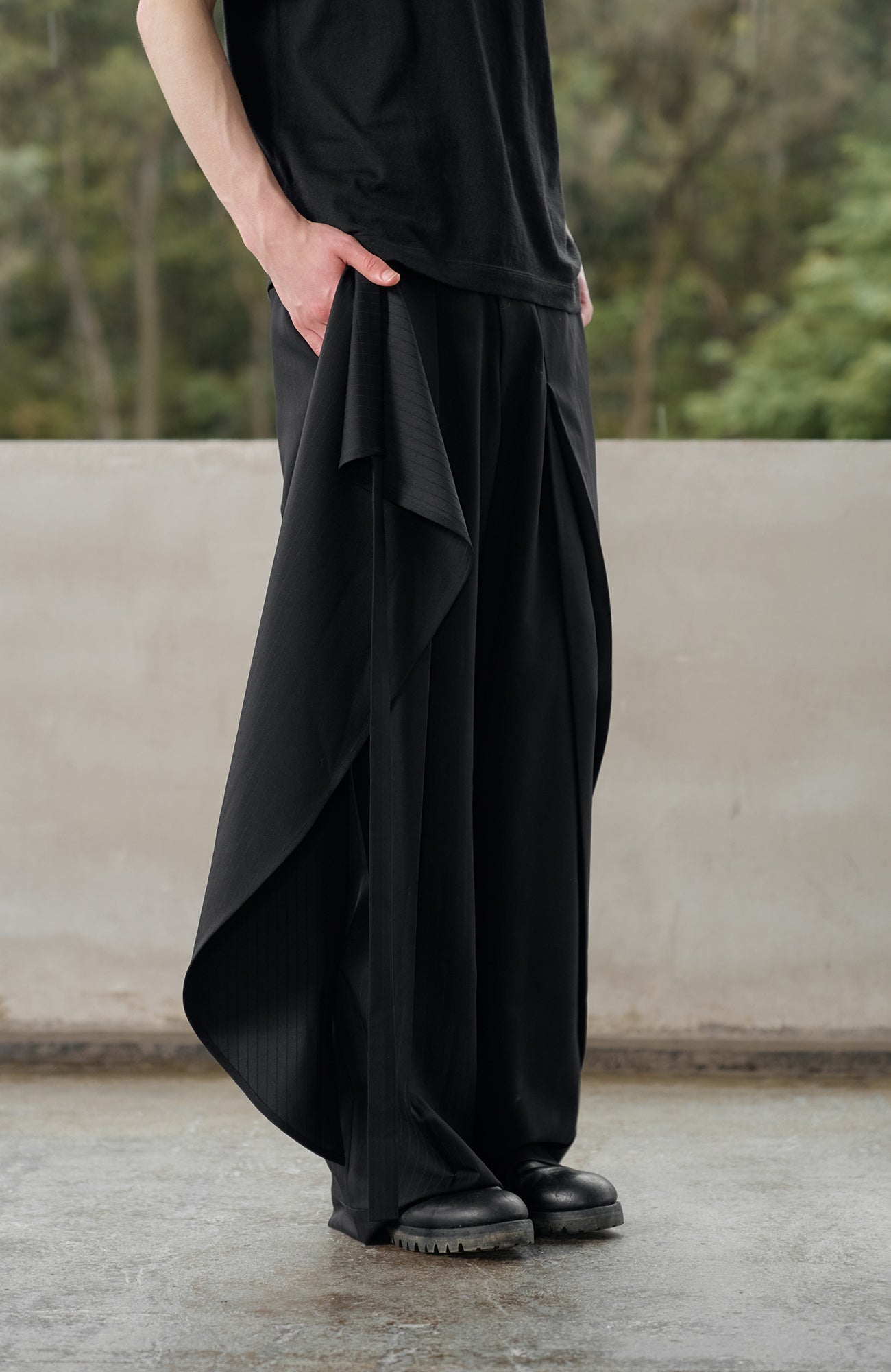 MOITIEDEPETALE Detachable Wrap Panel Slanted Pleat Trousers-Pants-XS (Preorder)-Free Shipping Leatheretro