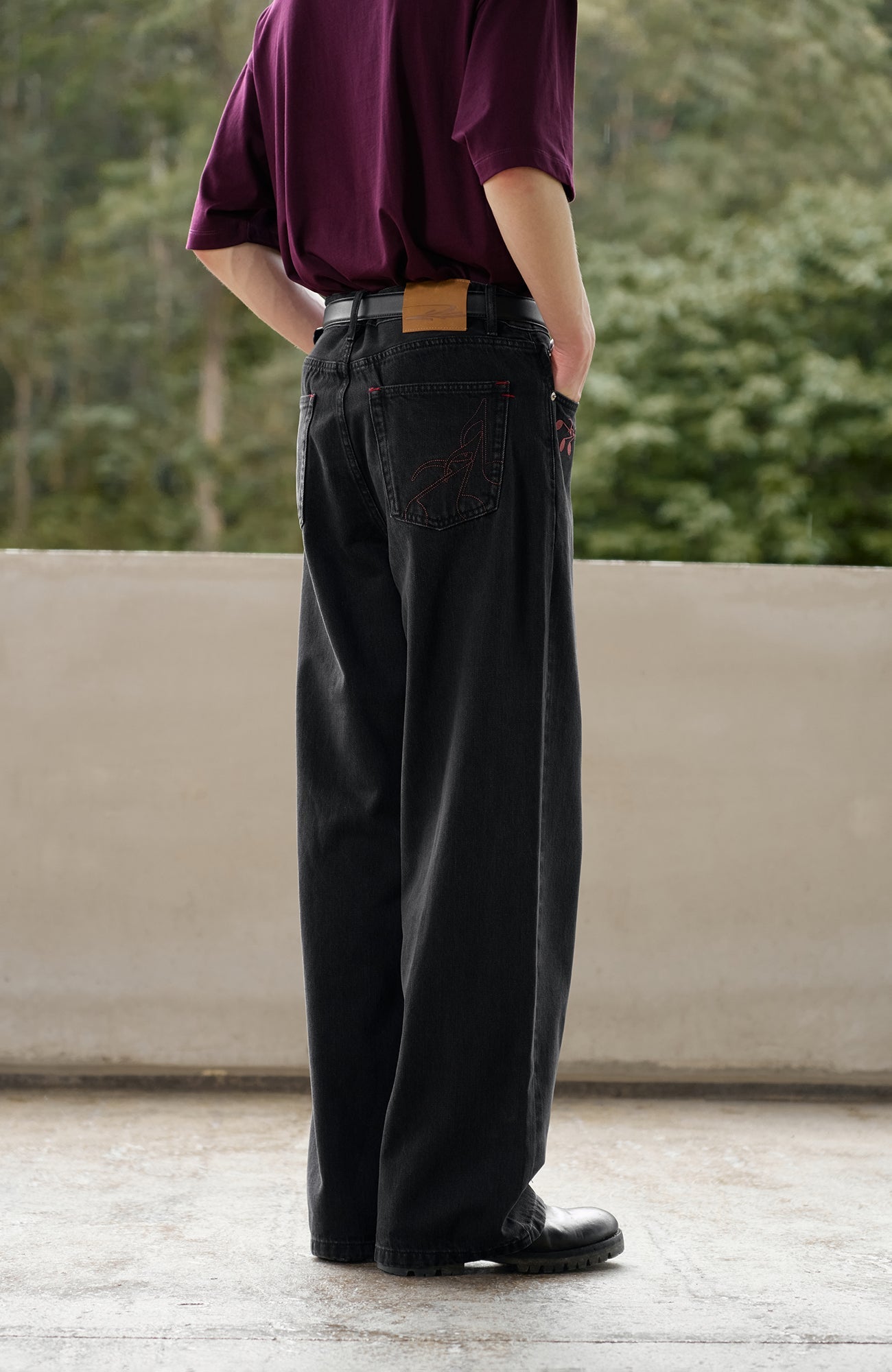 MOITIEDEPETALE Music Note Embroidered Straight-Leg Jeans-Jeans-S-Red Embroidery-Free Shipping Leatheretro