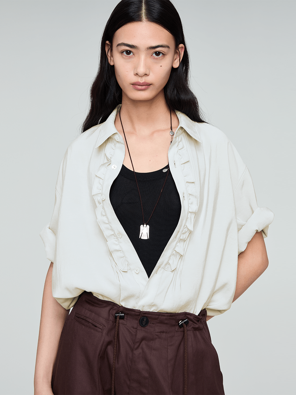 OPICLOTH Retro Pintuck Ruffle Modal Blend Half Shirt-Half shirt-Green-XS-Free Shipping Leatheretro