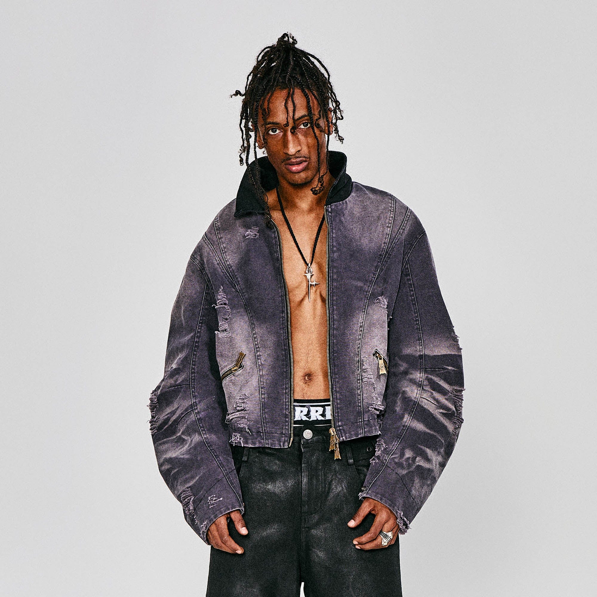 FLYERRER Distressed Curved Spliced Jacket Grey-Jacket-S-Free Shipping Leatheretro