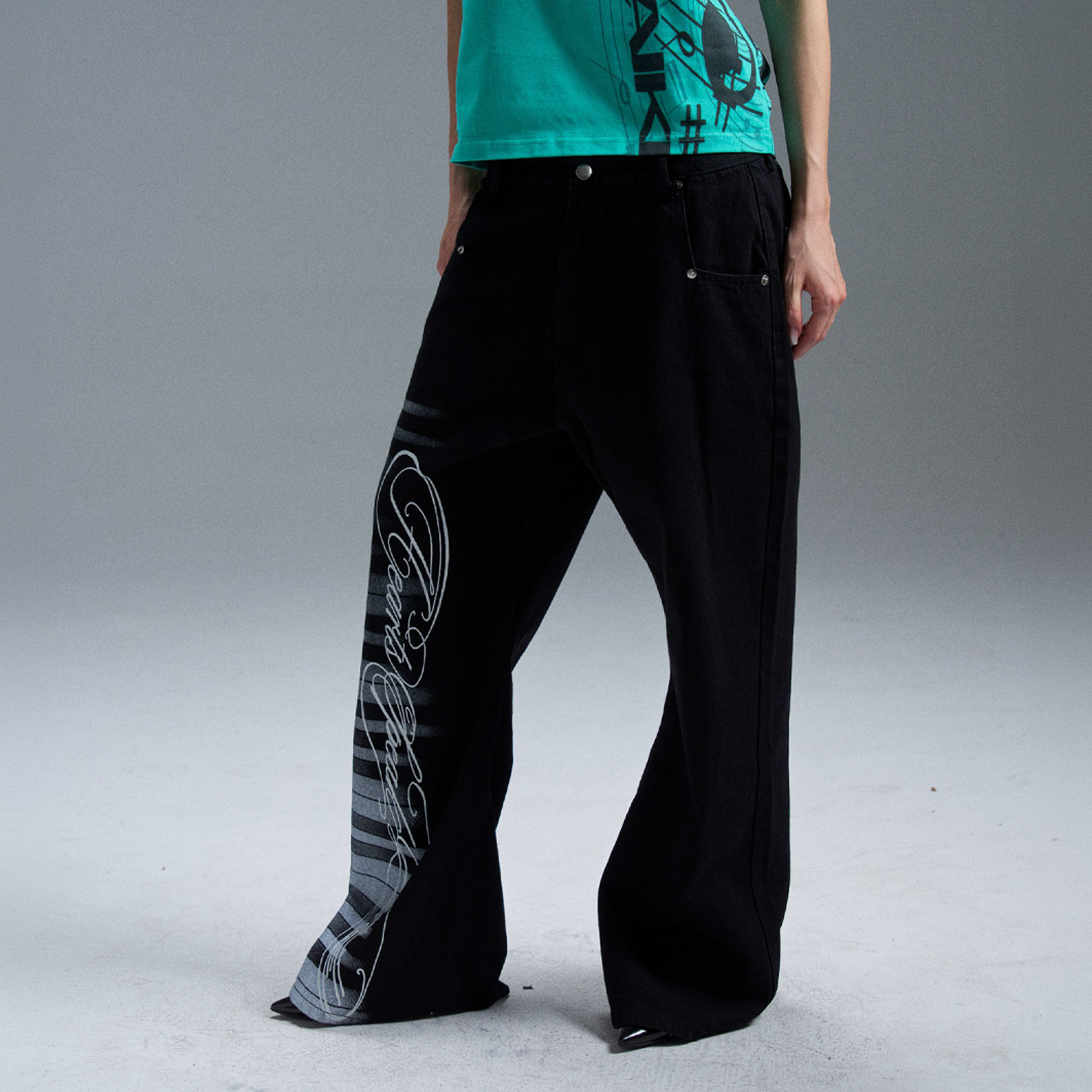 PAIKI Piano Key Script Foil Flared Jeans-Jeans-S / 31"-Black (Preorder)-Free Shipping Leatheretro