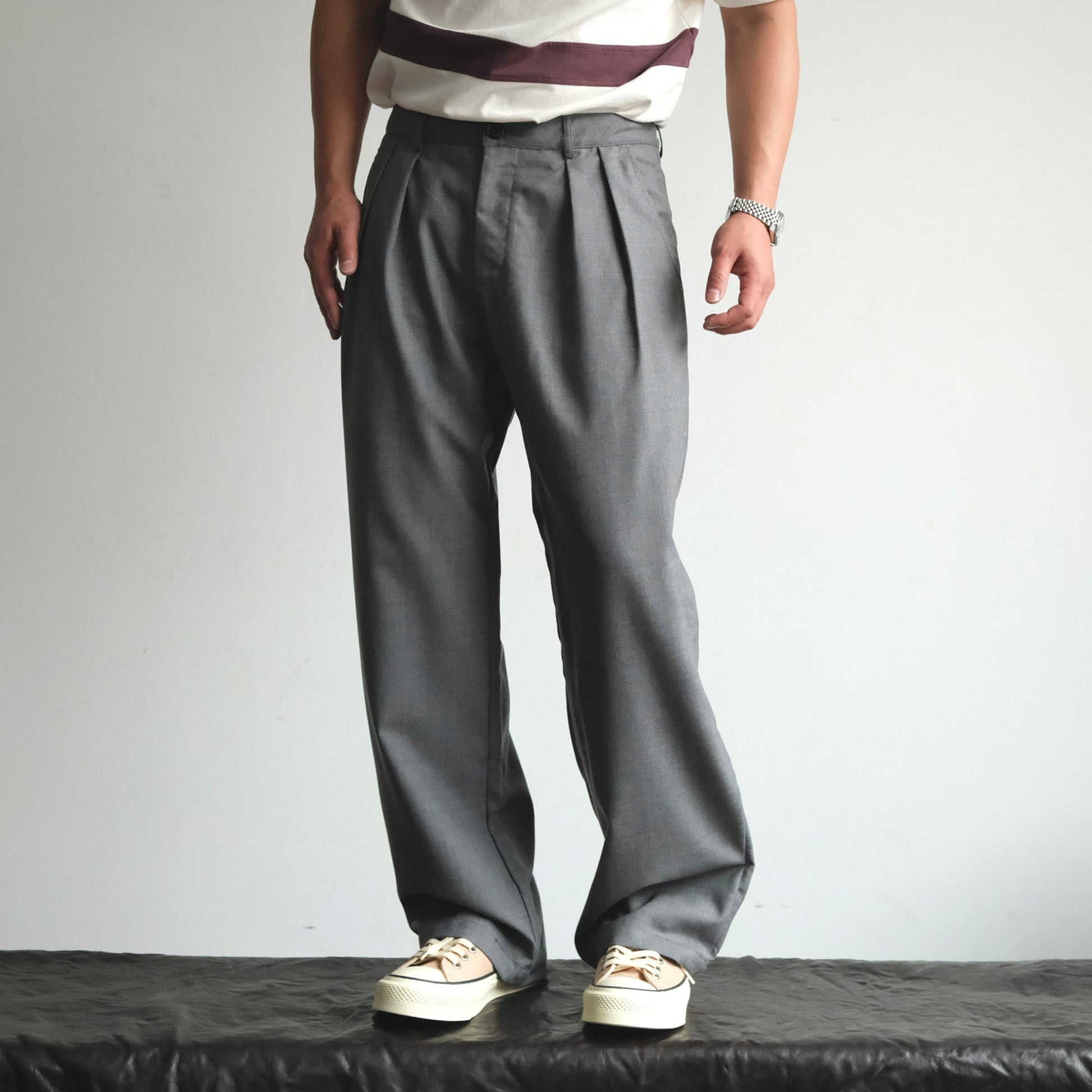 NEIGBORL Wool Double-Pleated Straight-Leg Trousers-Jeans-S-Gray-Free Shipping Leatheretro