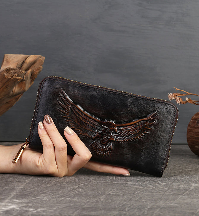 Full-Grain Leather Unisex Wallet - Multi-Card Slots, Eagle Design Spacious Design & Phone Pocket-Handbags, Wallets & Cases-Dark Brown-Free Shipping Leatheretro