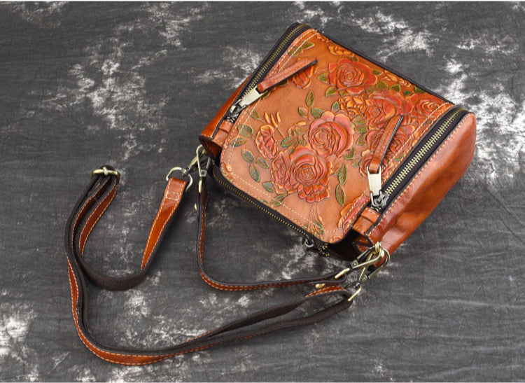 Vintage Genuine Leather Embossed Flower Crossbody Bag for Women-Tote Bags-Coffee-Free Shipping Leatheretro