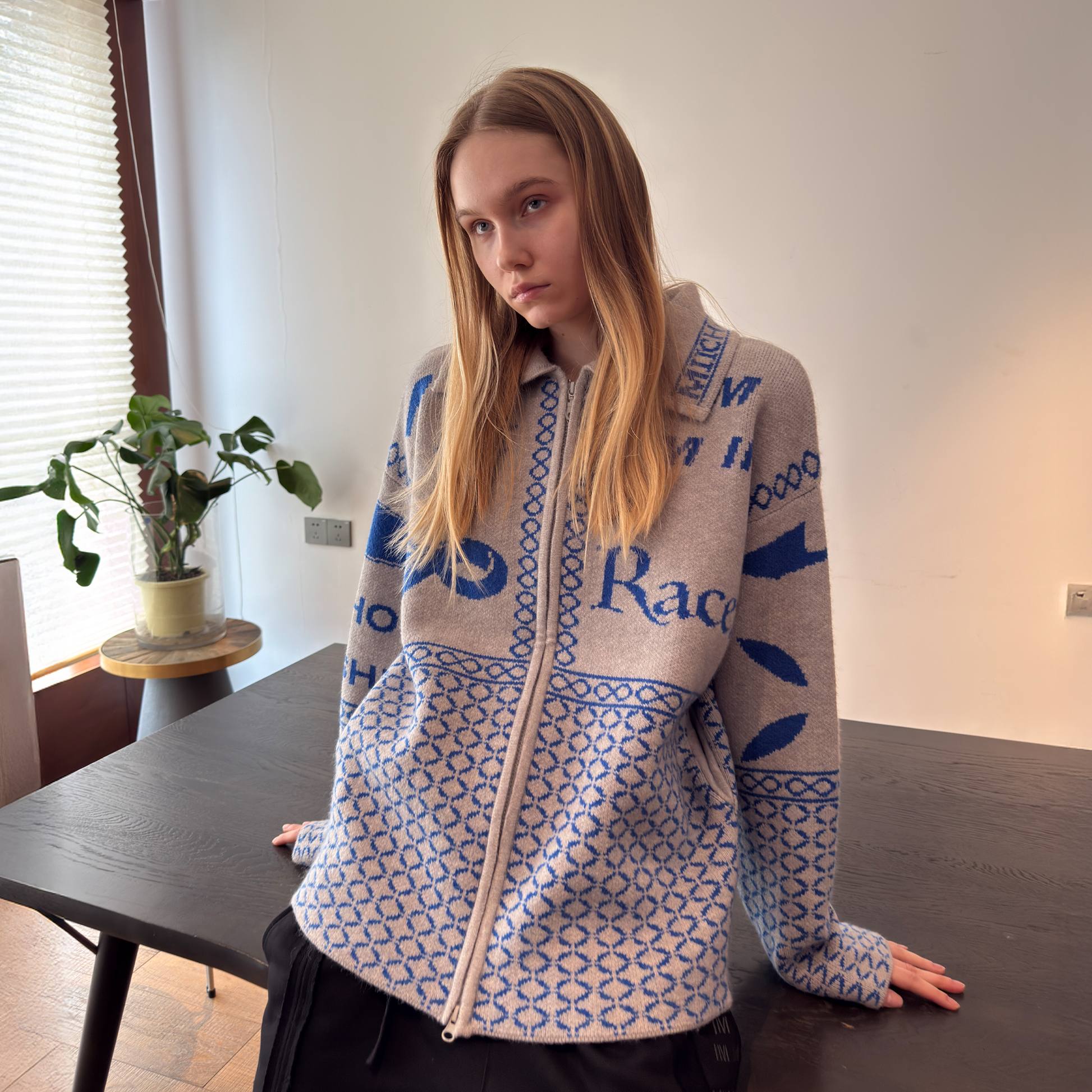 MIICHOUS Racer Geometric Jacquard Zip-Up Cardigan-Sweater-S-Light Gray-Free Shipping Leatheretro