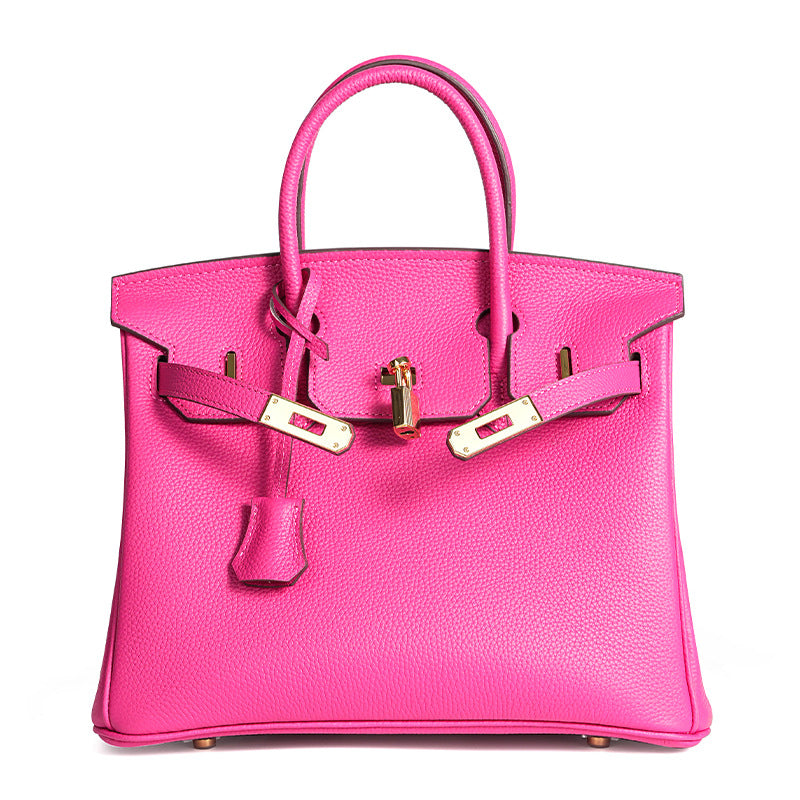 Luxury Genuine Top Grain Pebbled Leather Women's Handbag with Lock Closure-Handbags-elephant gray-35CM-Free Shipping Leatheretro