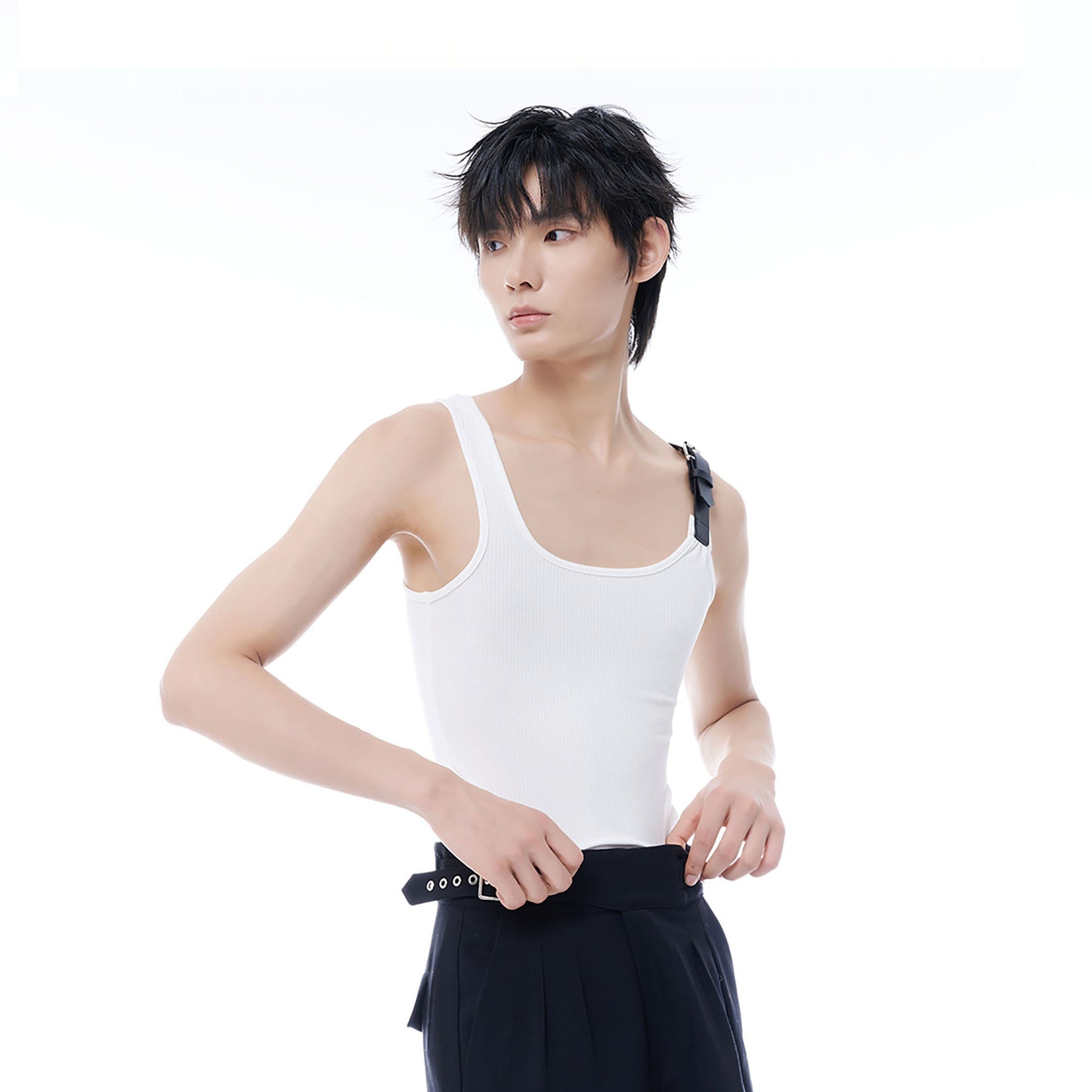TUIMU Buckle Strap Ribbed Tank Top-Tank Top-M-White-Free Shipping Leatheretro
