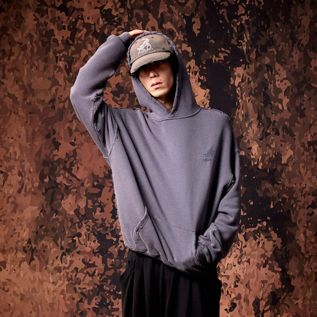 IN EXISTENCE Washed Frayed Graphic Hoodie-Hoodie-S-Gray-Free Shipping Leatheretro