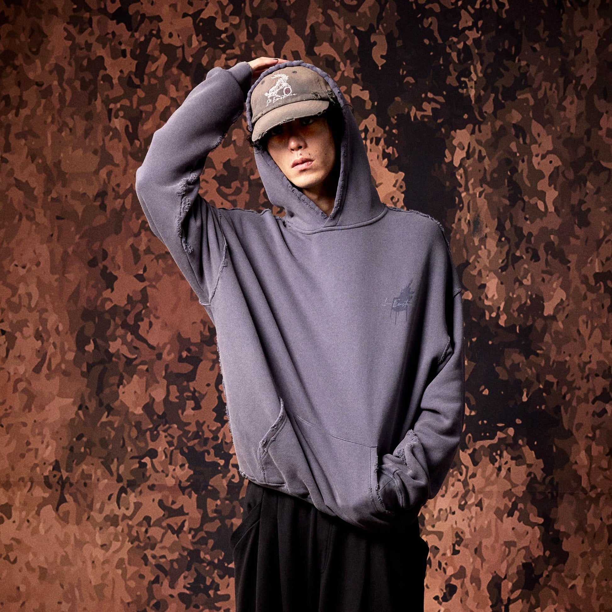 IN EXISTENCE Washed Frayed Graphic Hoodie-Hoodie-S-Gray-Free Shipping Leatheretro