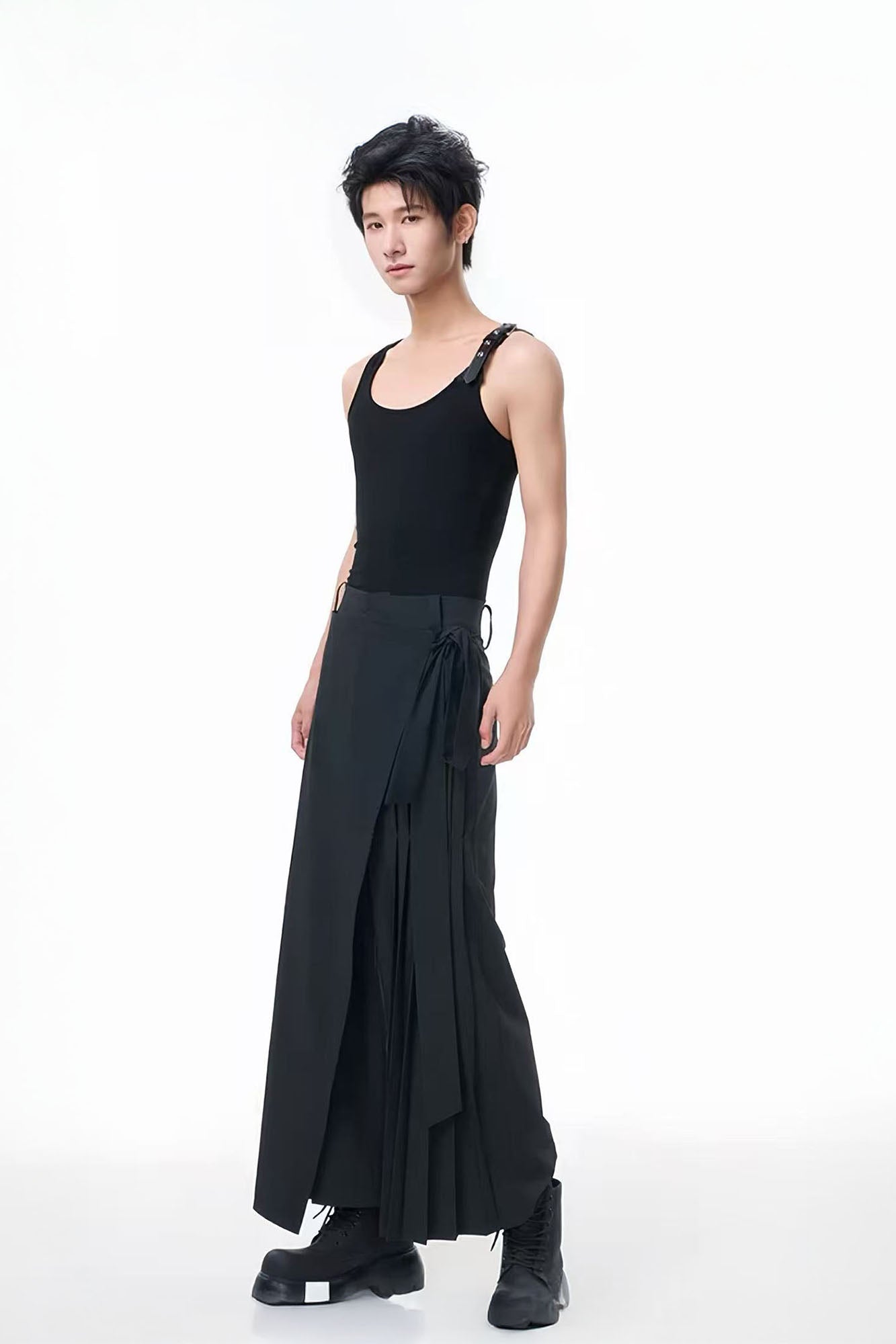 TUIMU Asymmetrical Wrap Pleated Wide-Leg Trousers-Pants-S-Black-Free Shipping Leatheretro