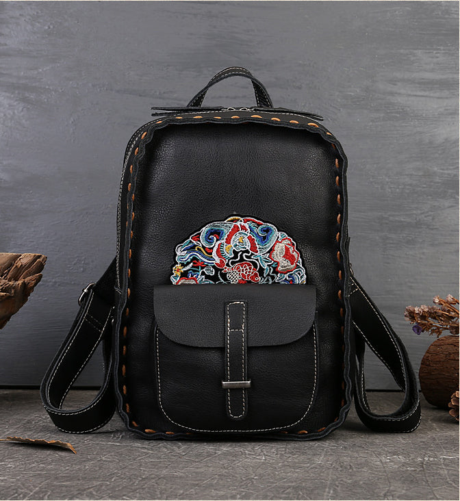 Vintage Embroidery Cowhide Leather Zipper Backpack for Traveling 6038-Backpack-Black-Free Shipping Leatheretro