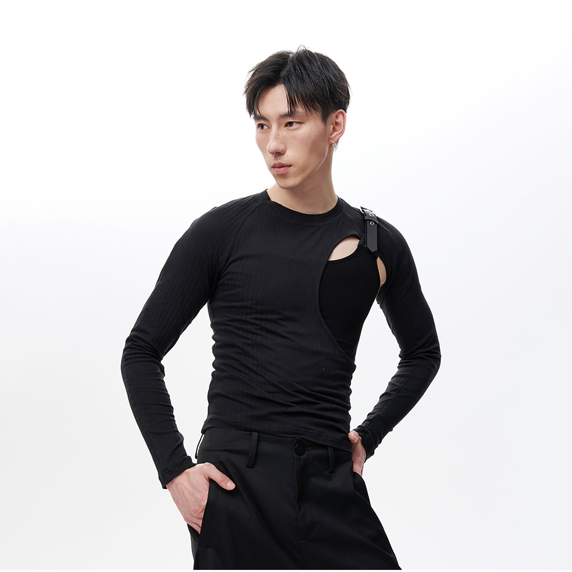 TUIMU Belted Cut-Out Ribbed Long-Sleeve Tee-L/S Tee-M-Black-Free Shipping Leatheretro