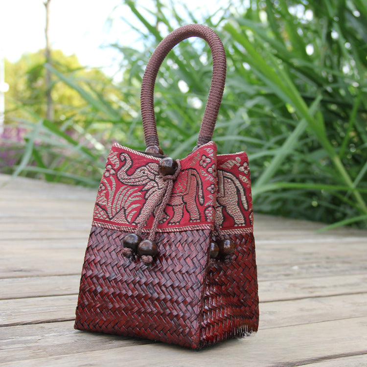 Handwoven Straw Tote Bag Mini Beach Bag for Vacation, Summer, and Resort Wear-Handbags-C011 coffee red-Free Shipping Leatheretro