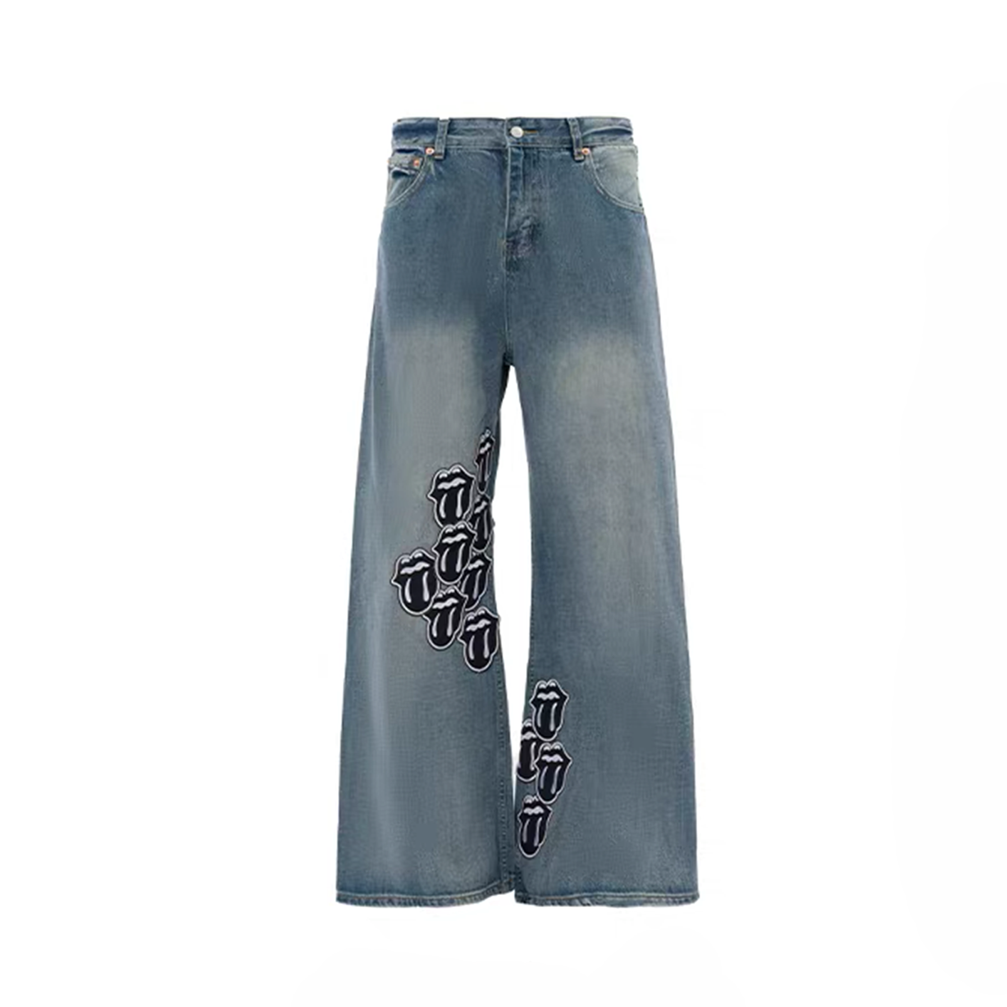 NOTHINGNESS WORLD Washed Tongue Embroidered Denim Pants-Jeans-M (Preorder)-Free Shipping Leatheretro