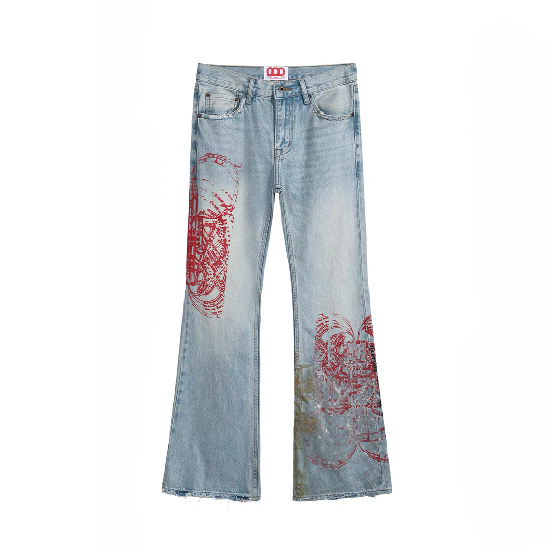 NOTHINGNESS WORLD Distressed Stamp-Print Flare Jeans-Jeans-S (Preorder)-Free Shipping Leatheretro