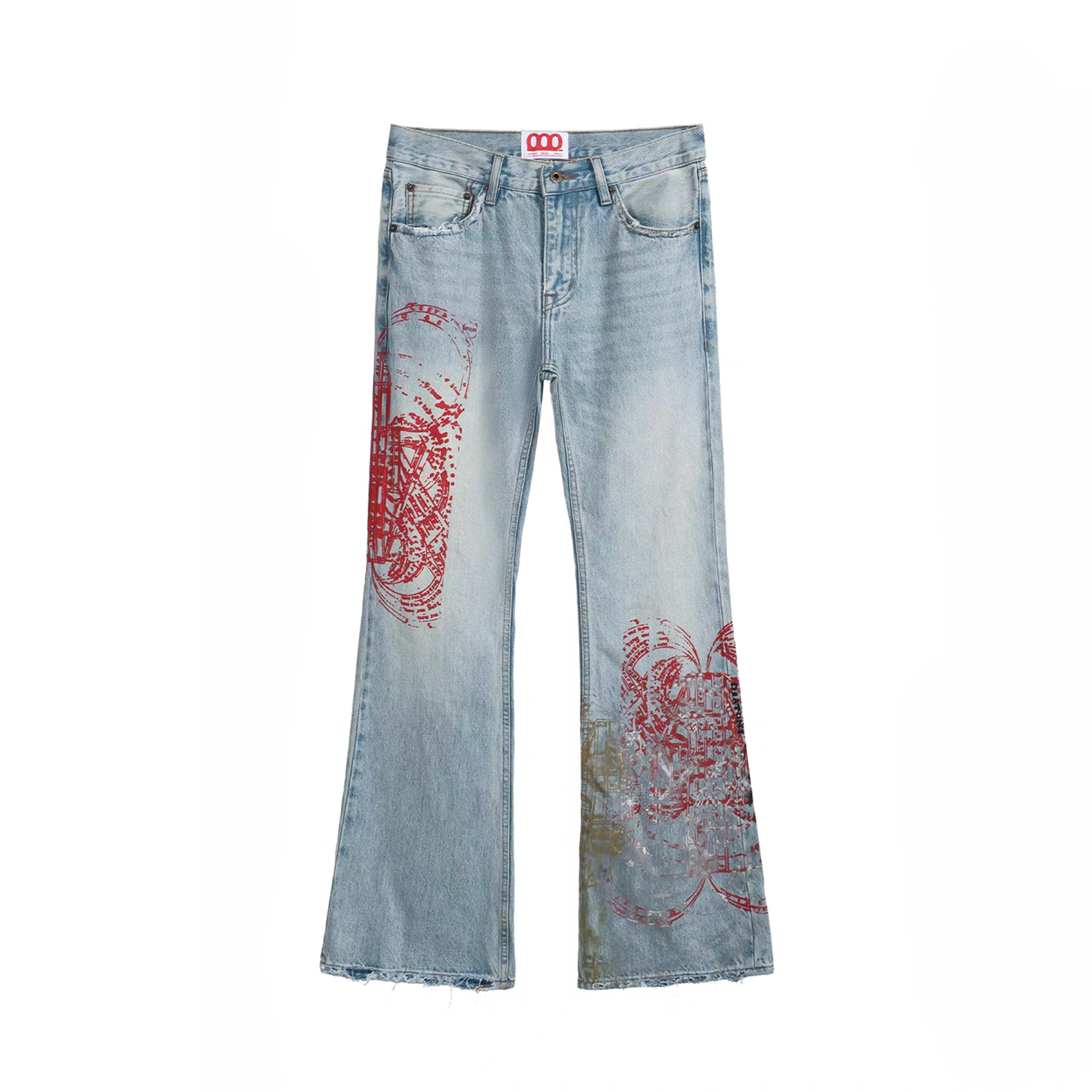 NOTHINGNESS WORLD Distressed Stamp-Print Flare Jeans-Jeans-S (Preorder)-Free Shipping Leatheretro