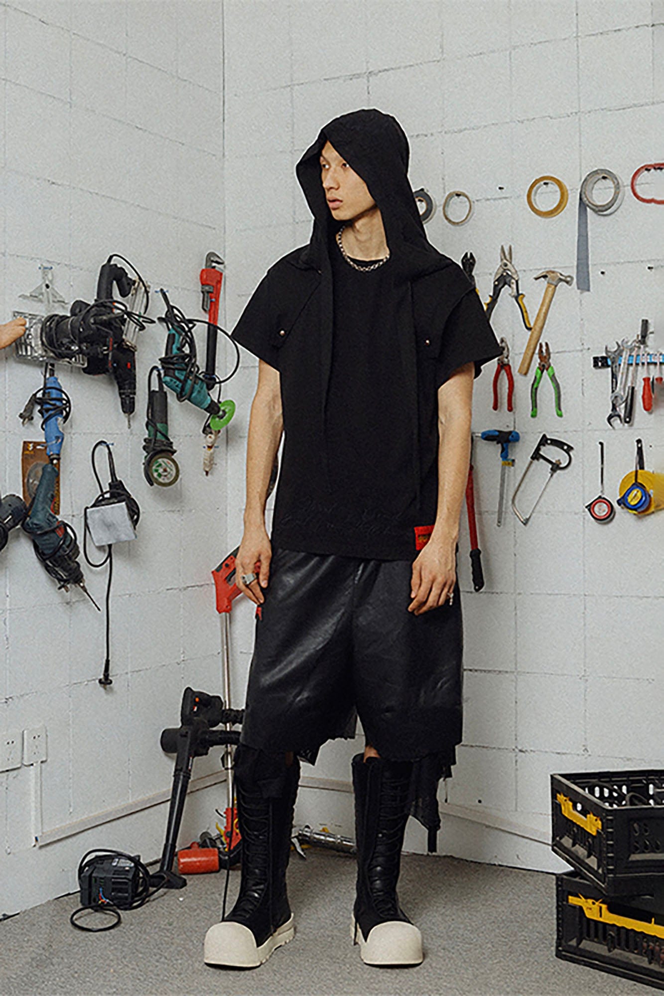 FVVO Distressed Snap-Shoulder Hooded T-Shirt-T Shirt-S-Black-Free Shipping Leatheretro