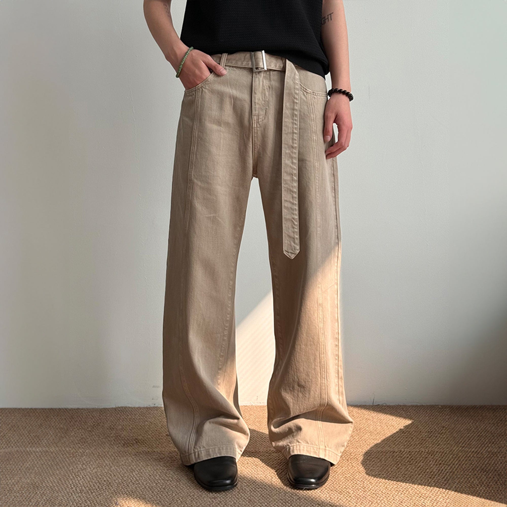 KREATE Belted-Waist Spliced Wide-Leg Pants-Pants-S-Khaki-Free Shipping Leatheretro