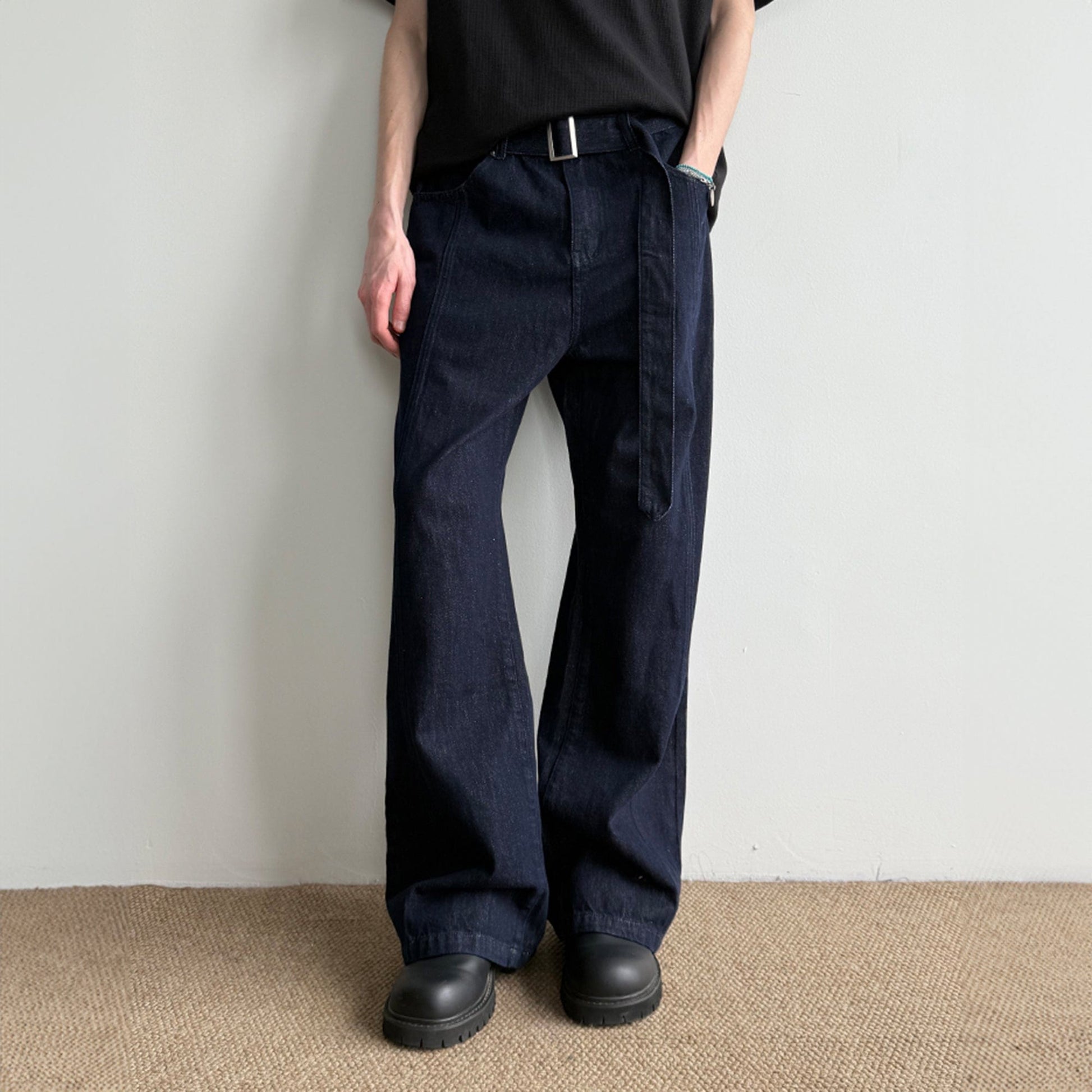 KREATE Belted-Waist Spliced Wide-Leg Pants-Pants-S-Navy-Free Shipping Leatheretro