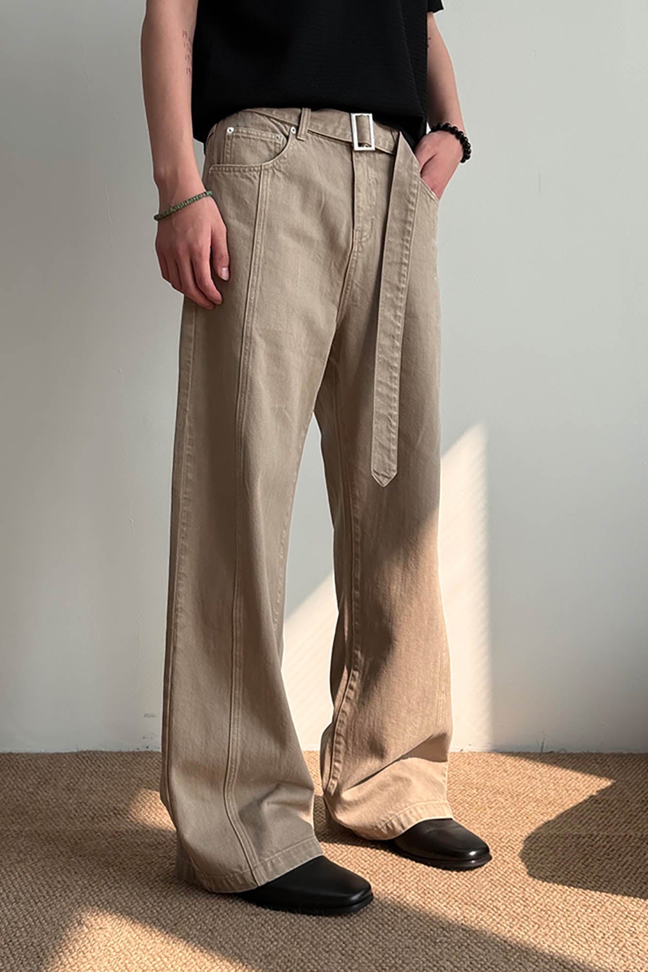 KREATE Belted-Waist Spliced Wide-Leg Pants-Pants-S-Khaki-Free Shipping Leatheretro
