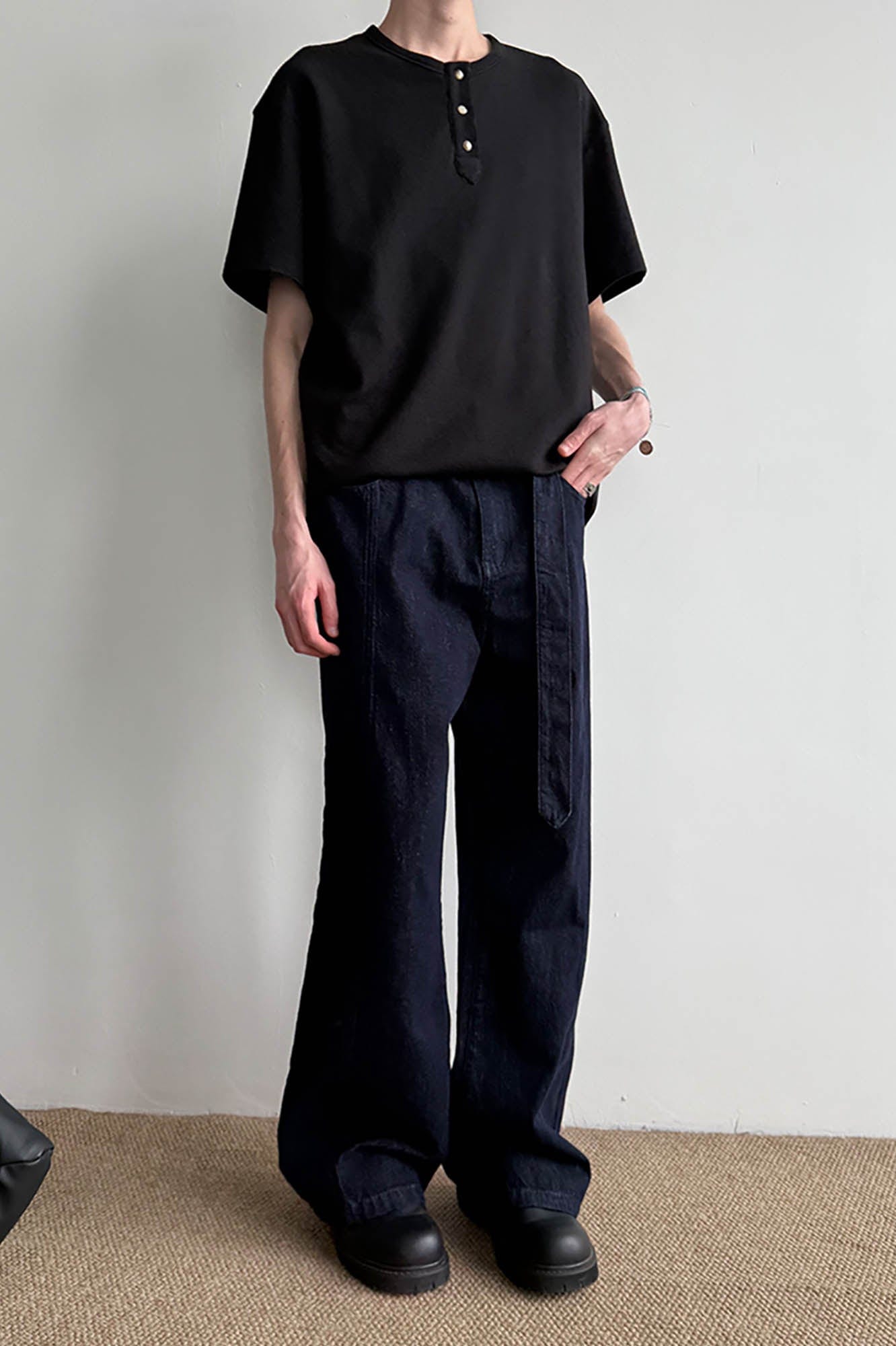 KREATE Belted-Waist Spliced Wide-Leg Pants-Pants-S-Khaki-Free Shipping Leatheretro