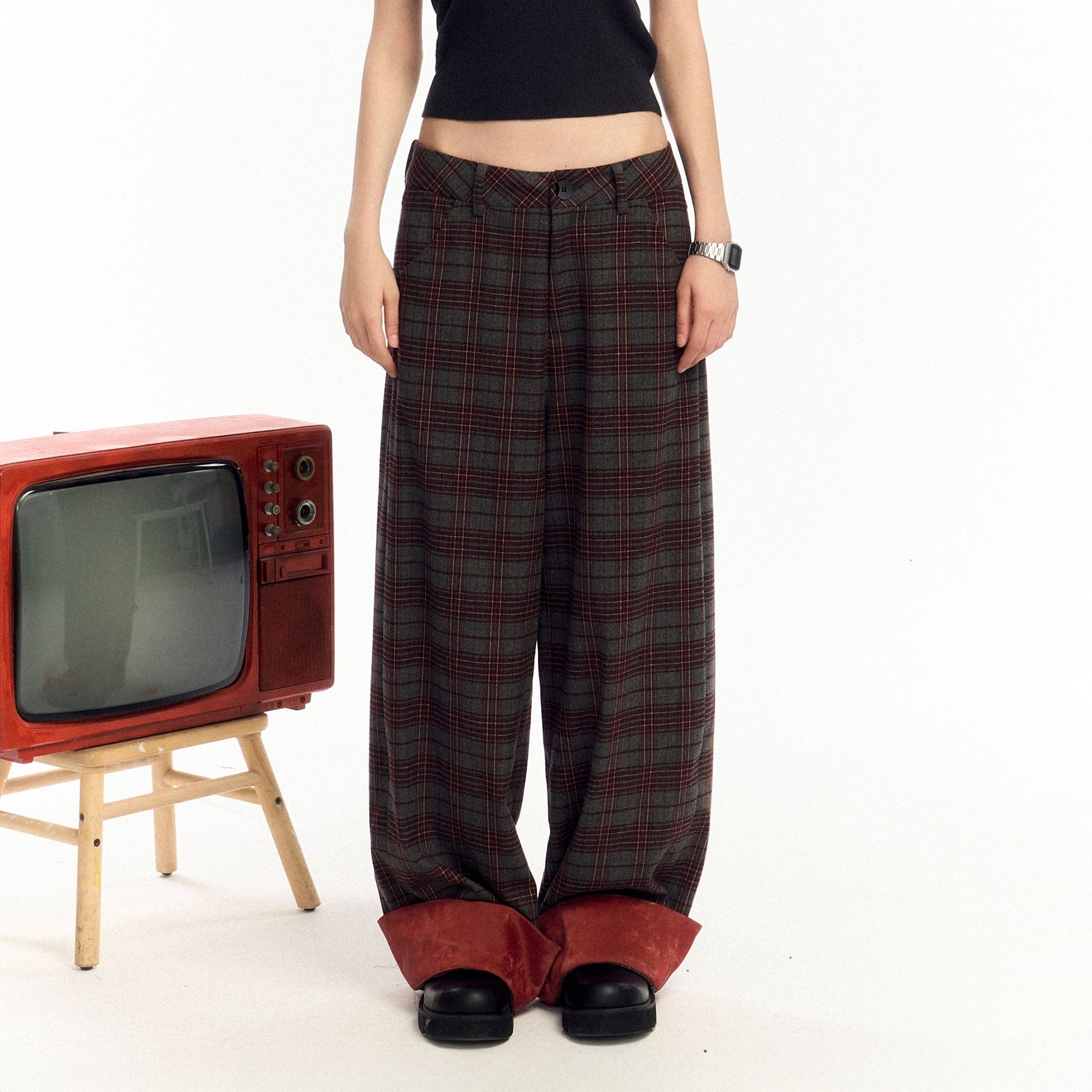 OIPWORD Plaid Fold-Hem Trousers-Pants-S-Free Shipping Leatheretro