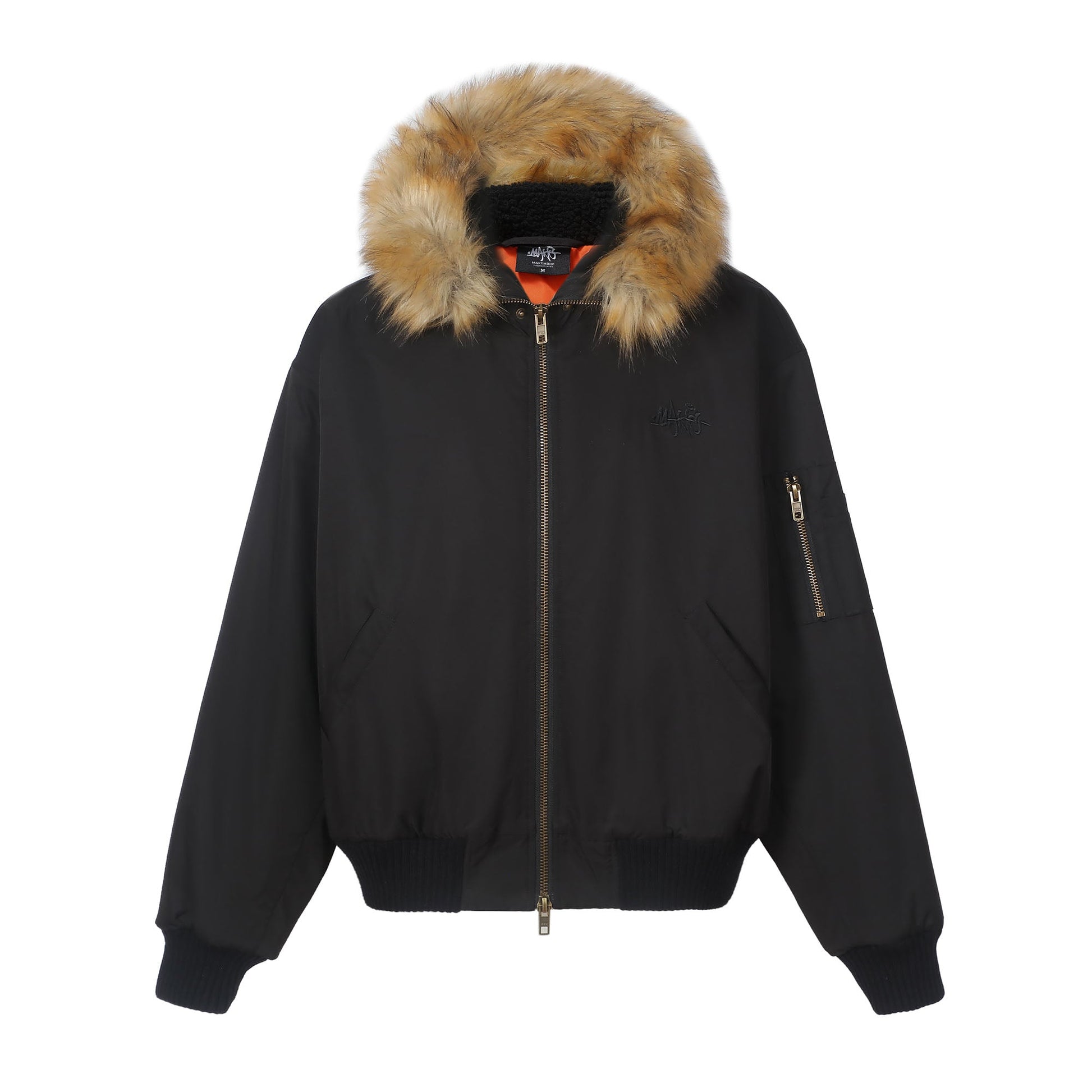 MAKEMORE Detachable Faux Fur Trim Satin Bomber Jacket-Jacket-S-Black-Free Shipping Leatheretro