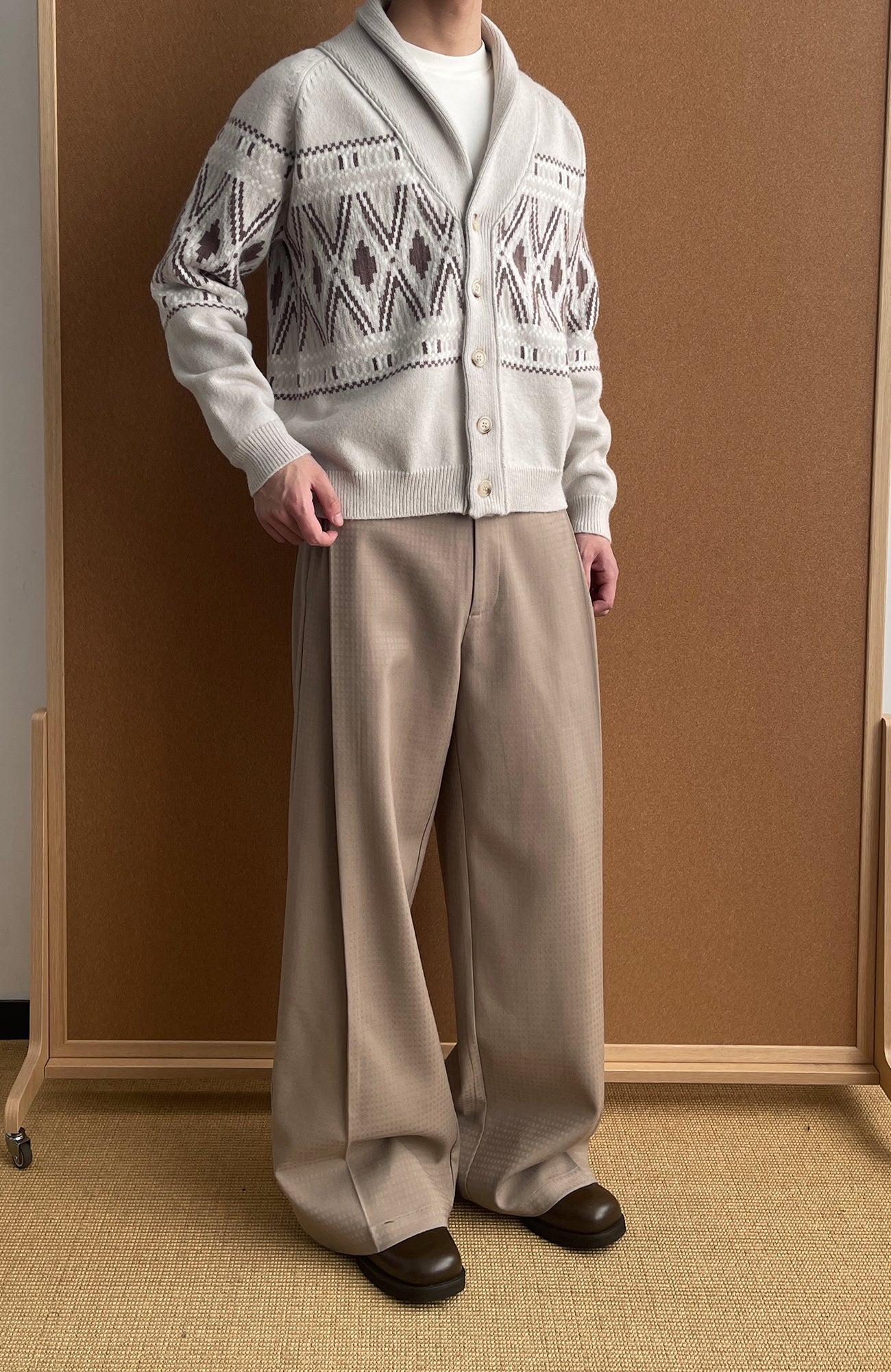 OKAYTHXBYE Fair Isle Shawl Collar Cardigan-Jacket-S (Preorder)-Beige-Free Shipping Leatheretro