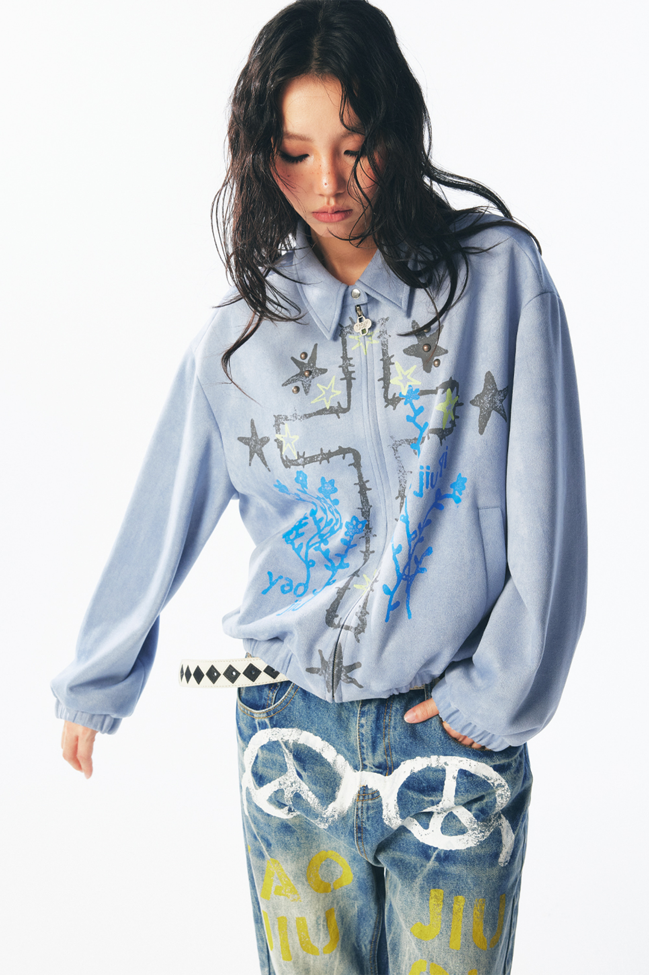 1997 POSTOFFICE Floral Cross Faux Suede Jacket-Jacket-S (Preorder)-Blue-Free Shipping Leatheretro