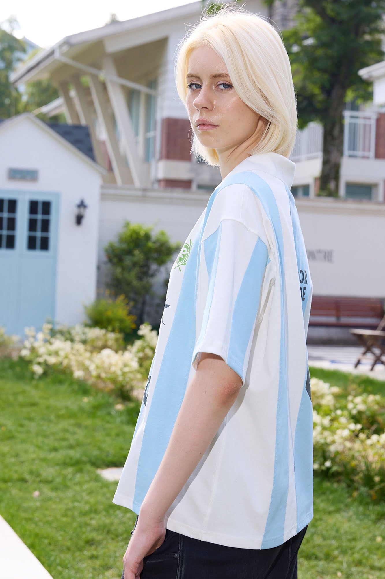 ERROR CODE ROBOT Athletic Striped Graphic V-Neck Jersey-T Shirt-S (Preorder)-Free Shipping Leatheretro