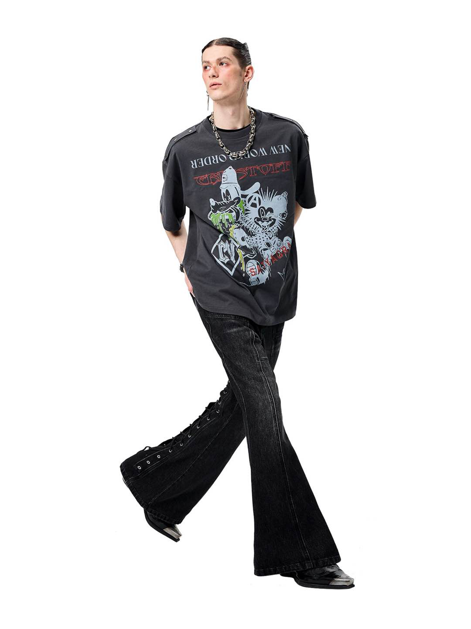 ERISSTOFF Washed Lace-Up Flared Jeans-Jeans-XS / 28"-Free Shipping Leatheretro