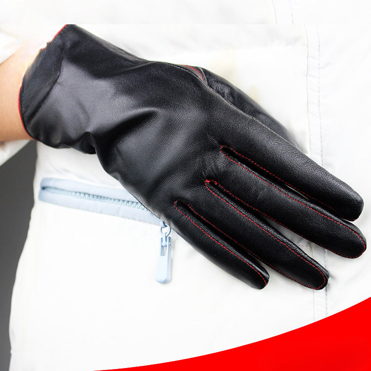 Women's Drawstring Leather Gloves – Soft Lambskin-Khaki-Free Shipping Leatheretro