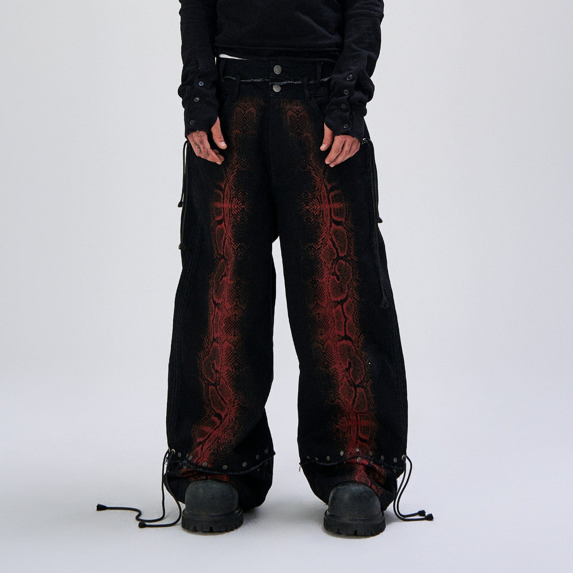 FLYERRER Washed Contrast Snakeskin Drawcord Wide-Leg Jeans-Jeans-S (Preorder)-Free Shipping Leatheretro