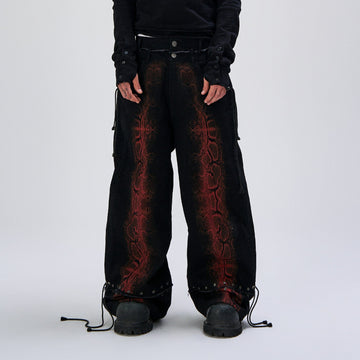 FLYERRER Washed Contrast Snakeskin Drawcord Wide-Leg Jeans-Jeans-S (Preorder)-Free Shipping Leatheretro