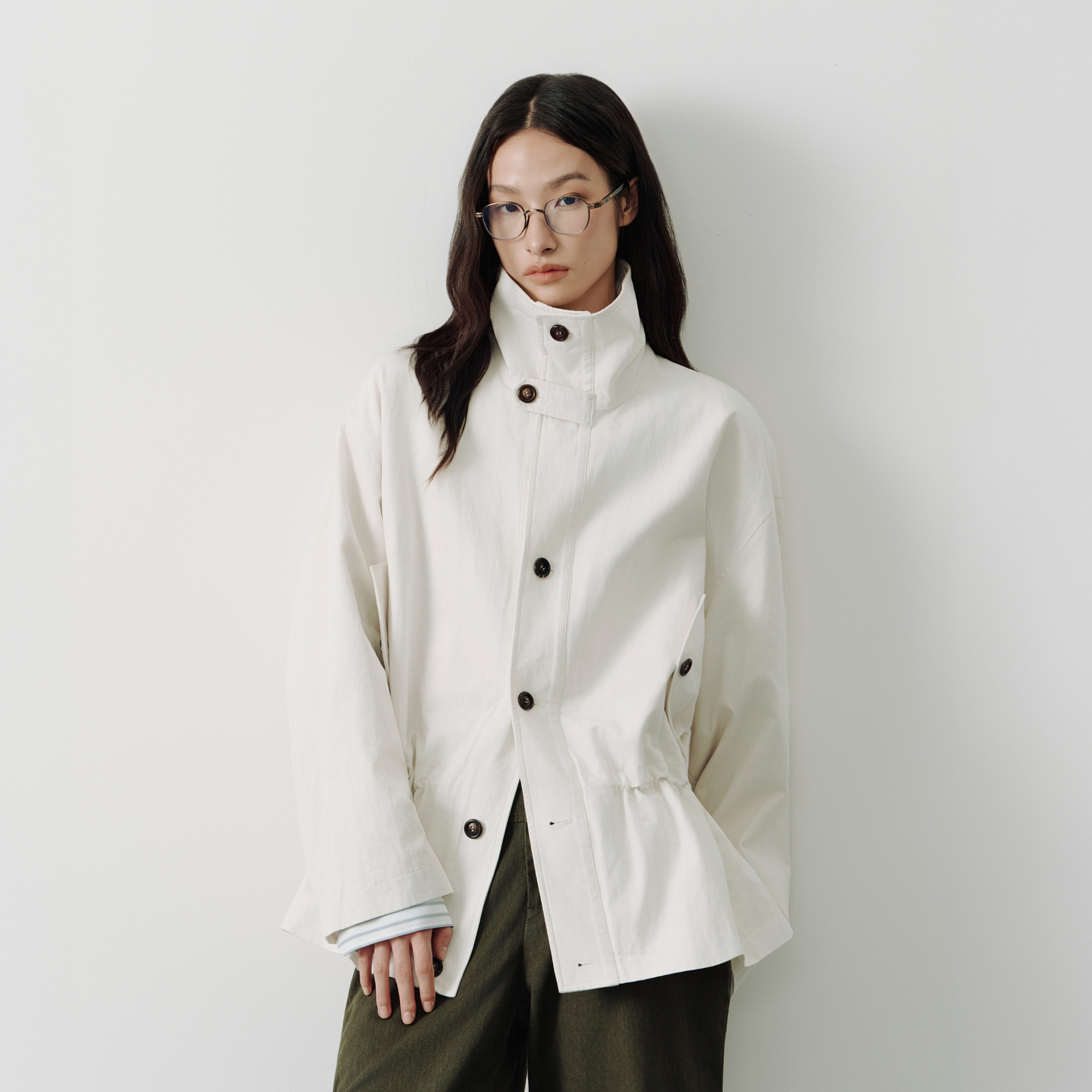 SAME FLOW Stand-Collar Drawstring-Waist Jacket-Jacket-S-White-Free Shipping Leatheretro