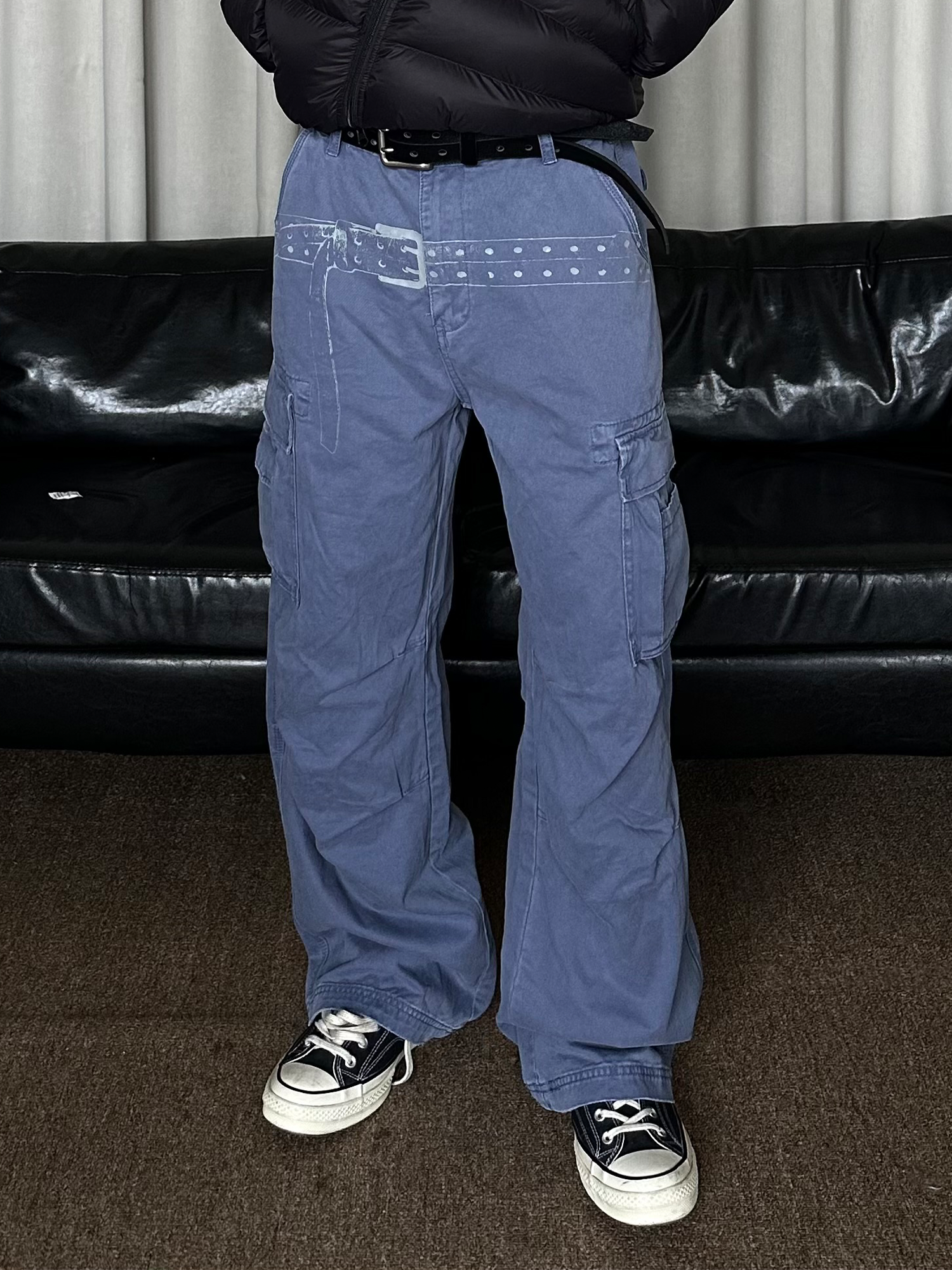 KREATE Washed Belt Graphic Crinkled Cargo Pants-Jeans-S-Blue-Free Shipping Leatheretro