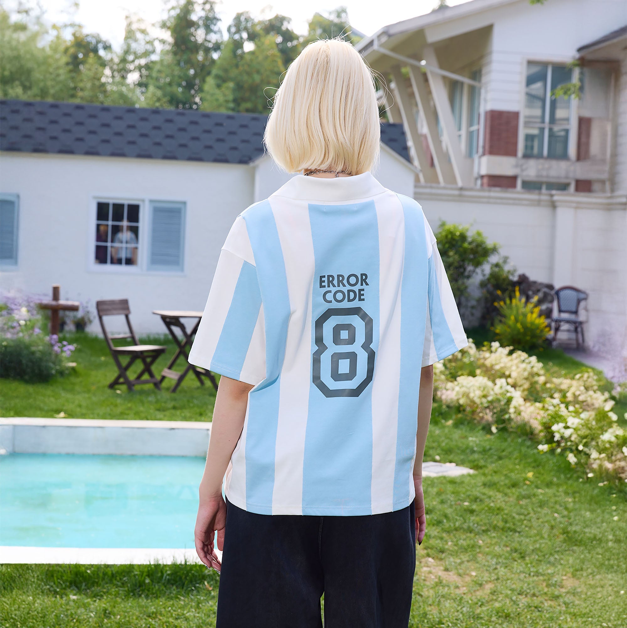 ERROR CODE ROBOT Athletic Striped Graphic V-Neck Jersey-T Shirt-S (Preorder)-Free Shipping Leatheretro
