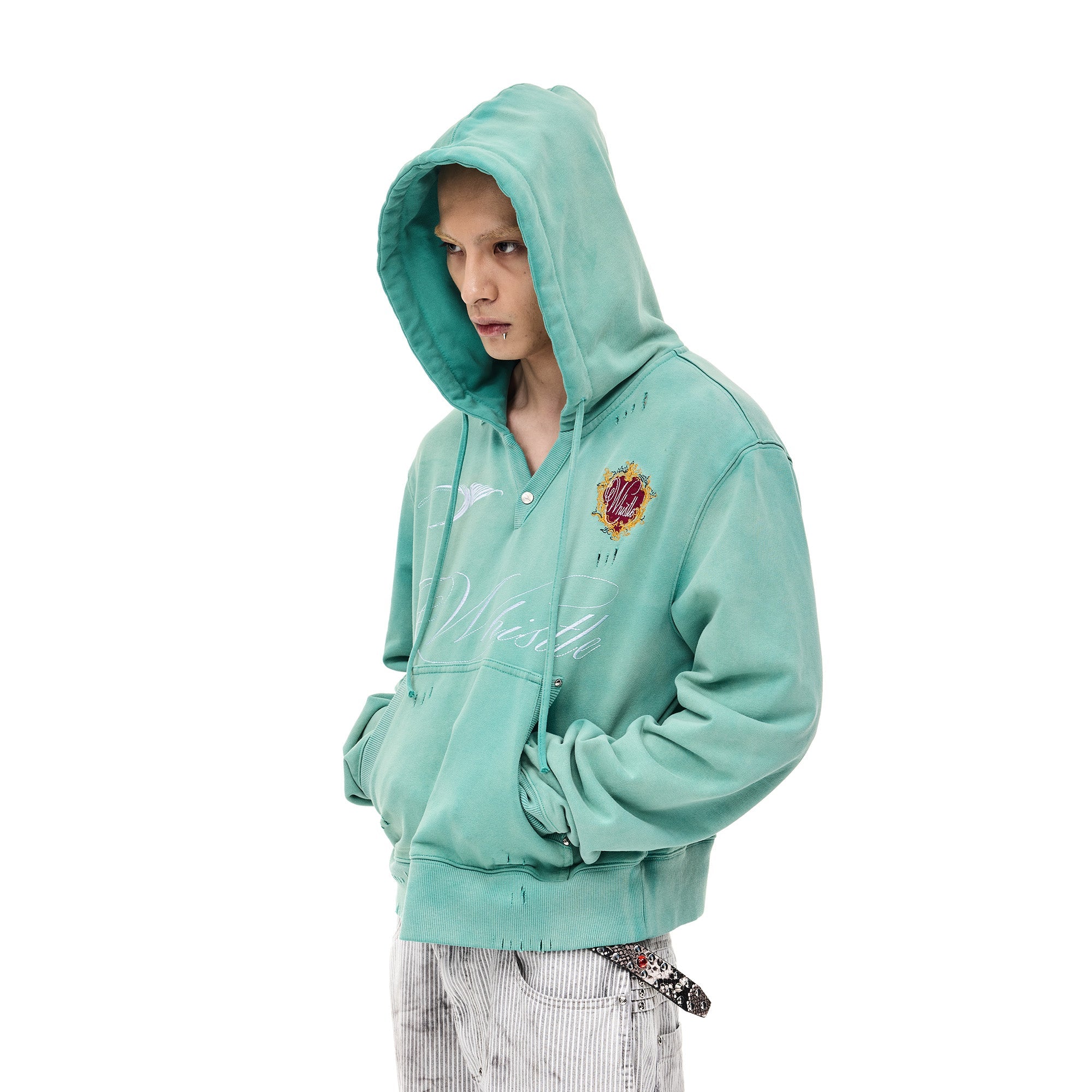 WHISTLEHUNTER Distressed Embroidered V-Neck Hoodie-Hoodie-S-Green-Free Shipping Leatheretro