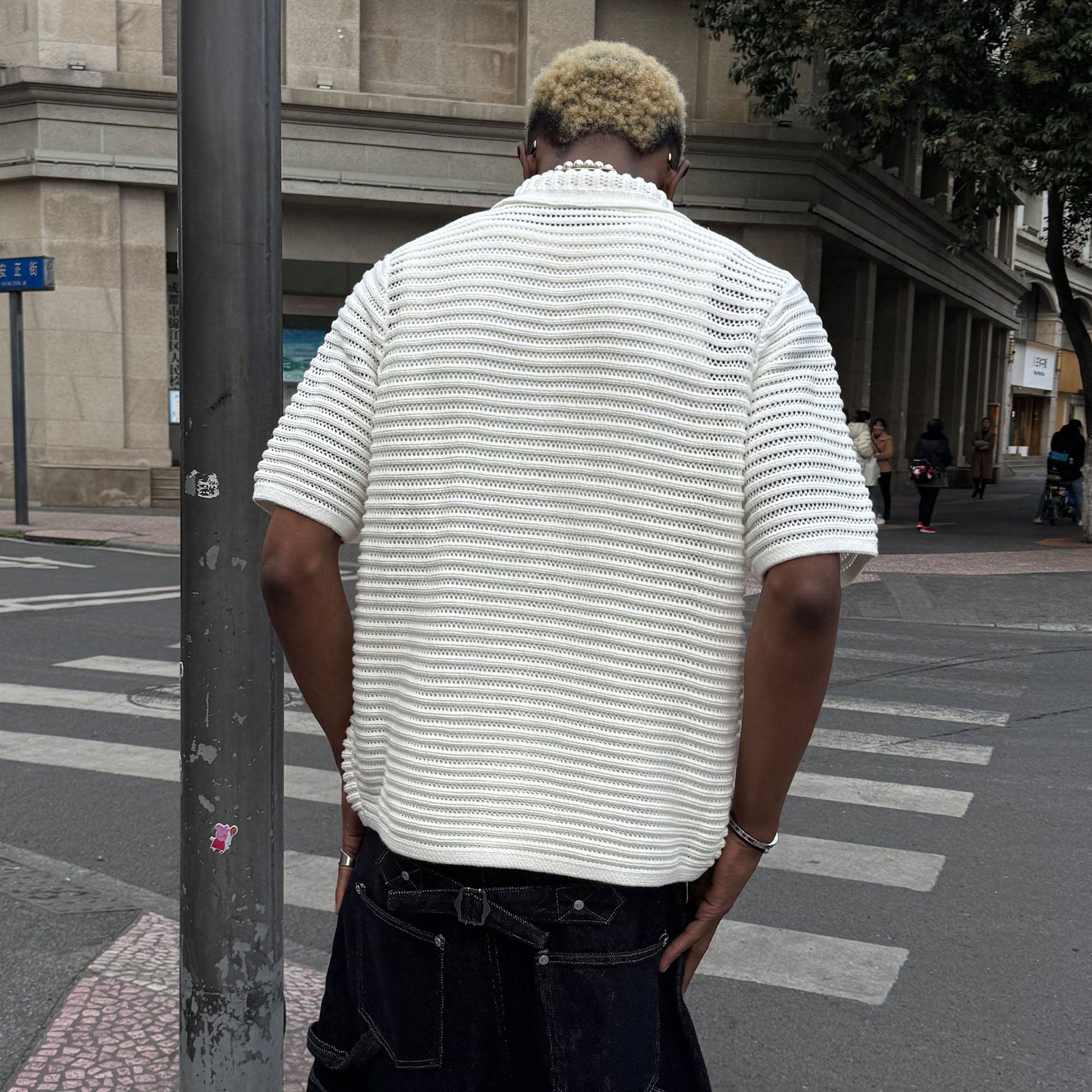STEEPC Hollow-Out Knit Polo Half Shirt-Half shirt-S-Free Shipping Leatheretro