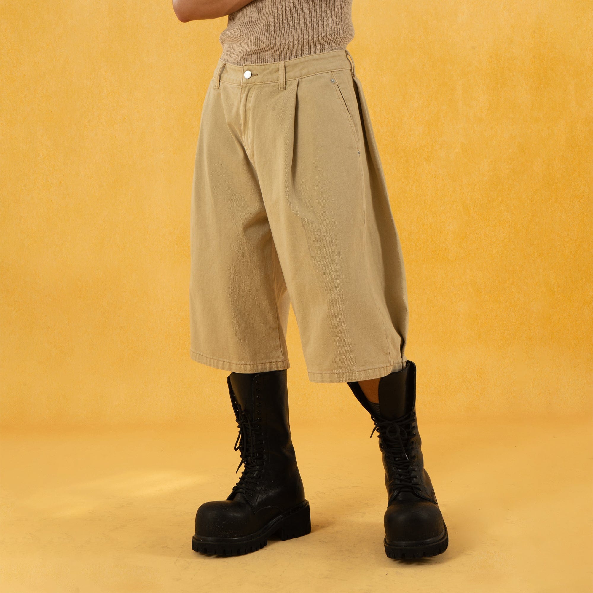 CLP Classic Rivet Pleated Oversized Shorts-Shorts-S-Khaki-Free Shipping Leatheretro