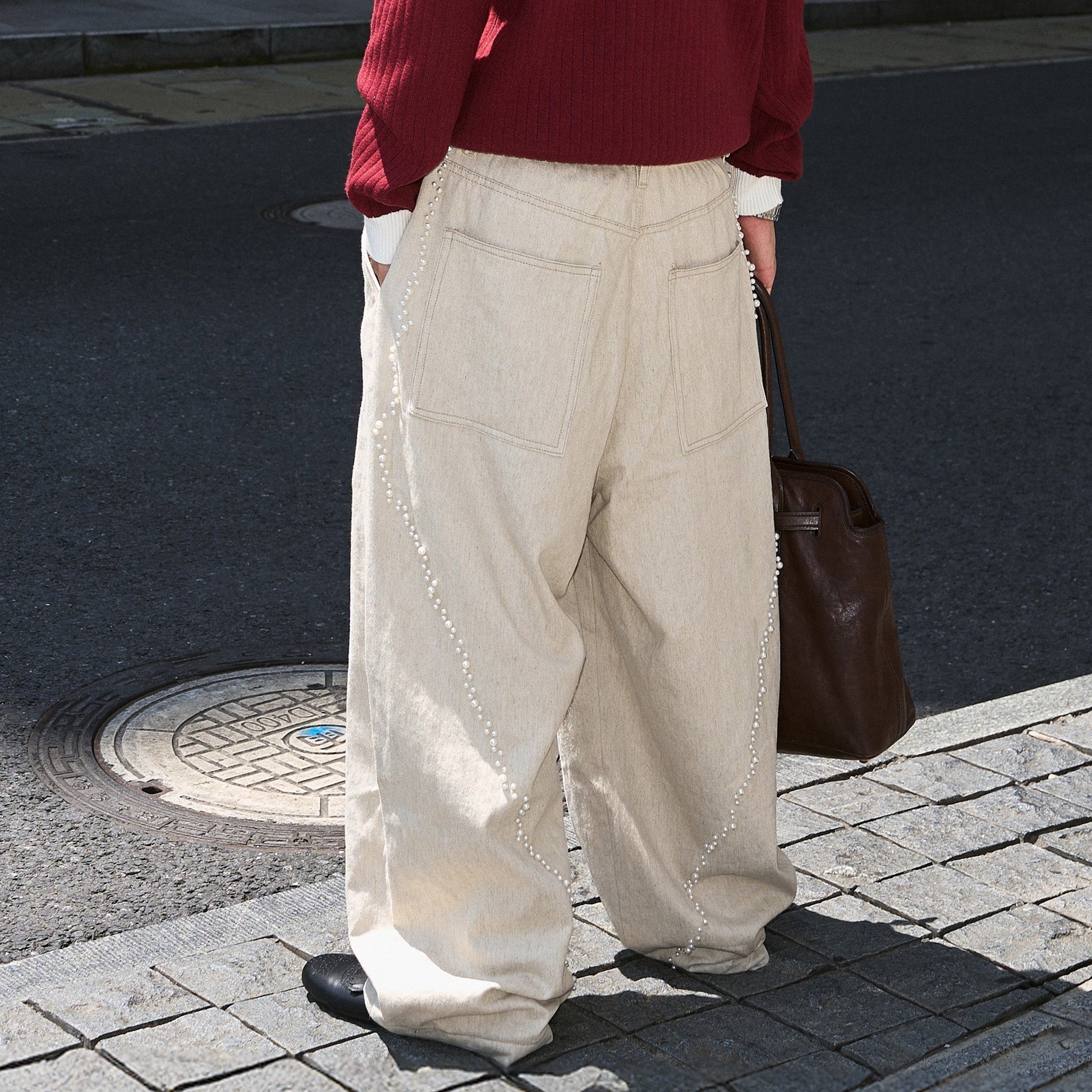 STEEPC Pearl Embellished Linen-Blend Wide-Leg Trousers-Pants-S-Free Shipping Leatheretro