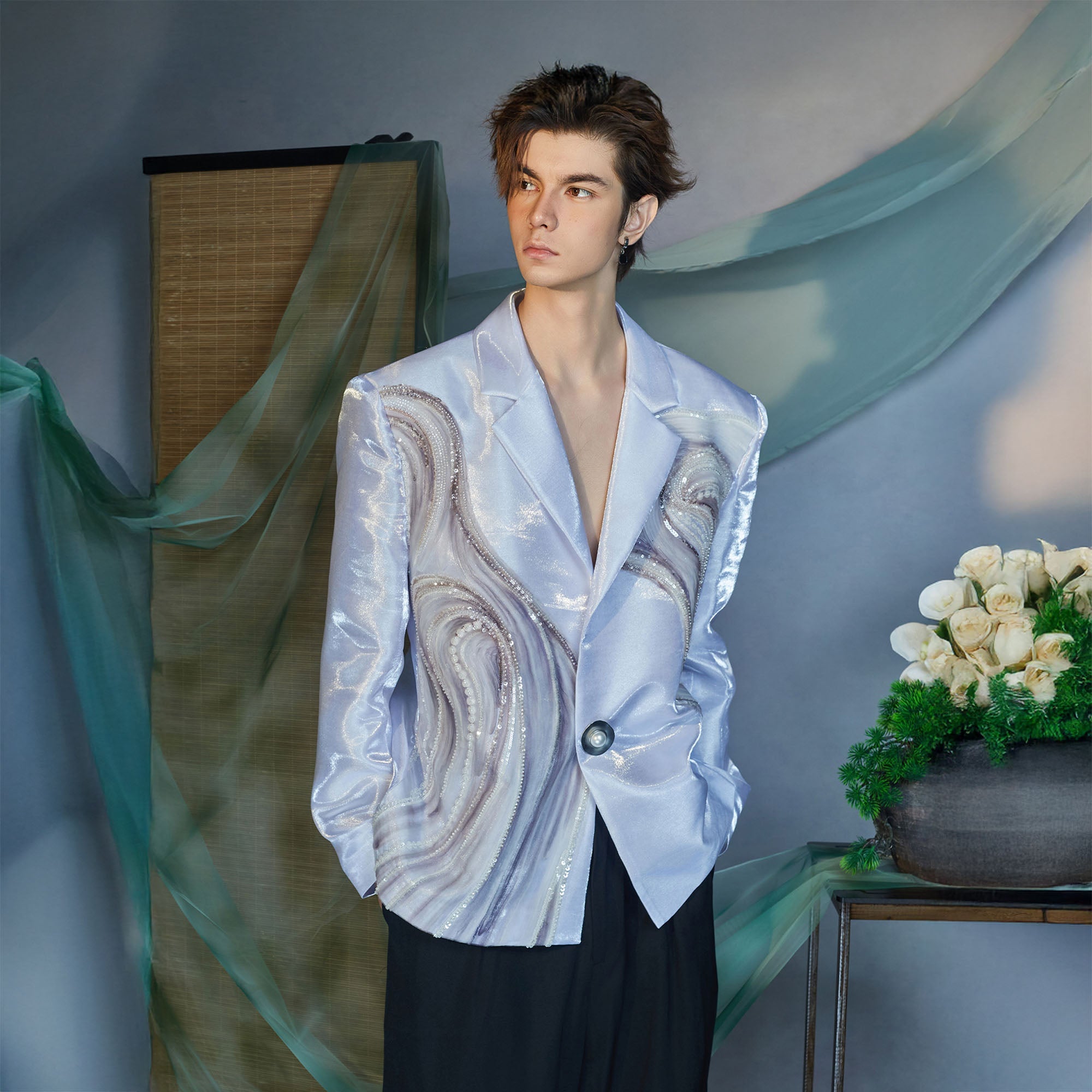 JIECHI Fluid Sequin Embroidery Satin Blazer-Jacket-M (Preorder)-Free Shipping Leatheretro