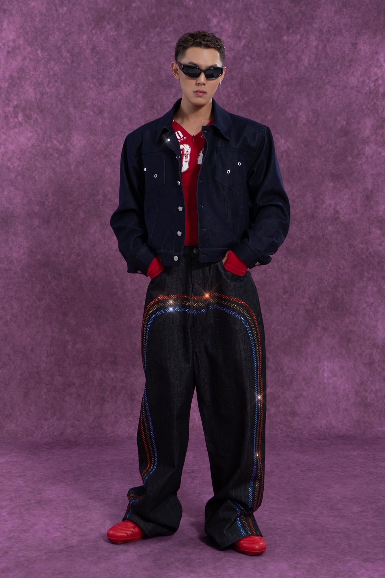 CLP Cropped Shoulder Padding Denim Jacket-Jacket-S-Navy-Free Shipping Leatheretro