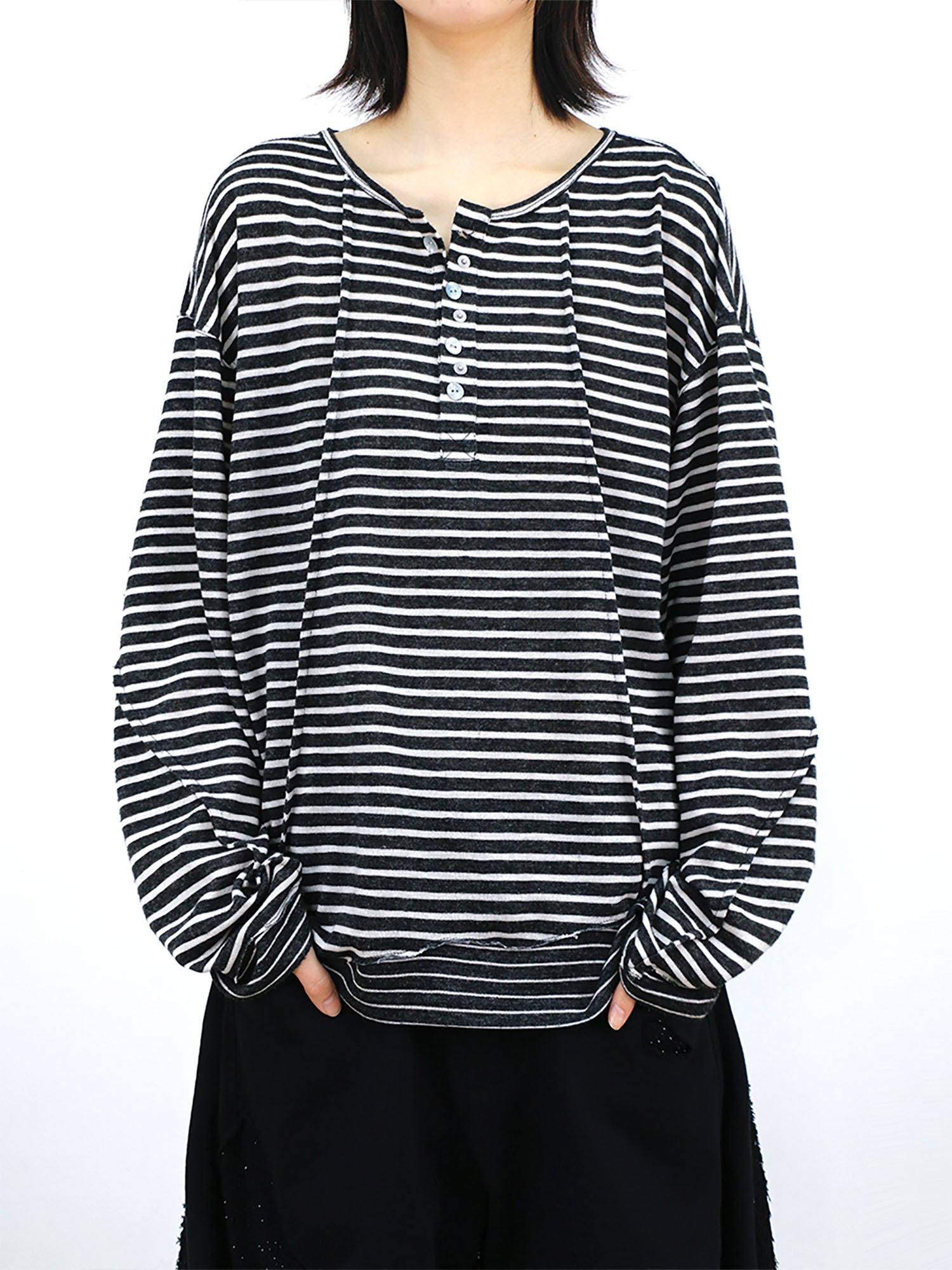 RELABEL Striped Pleated Henley Long-Sleeve Tee-L/S Tee-XS-Free Shipping Leatheretro