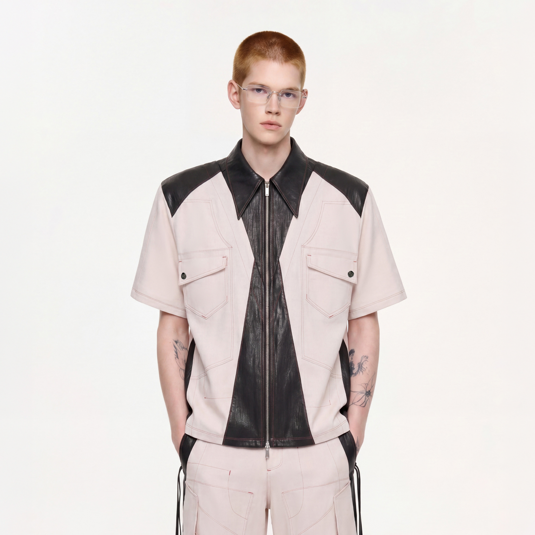 TIWILLTANG Contrast Stitch Paneled Zip-Up Half Shirt-Half shirt-S-Blue-Free Shipping Leatheretro