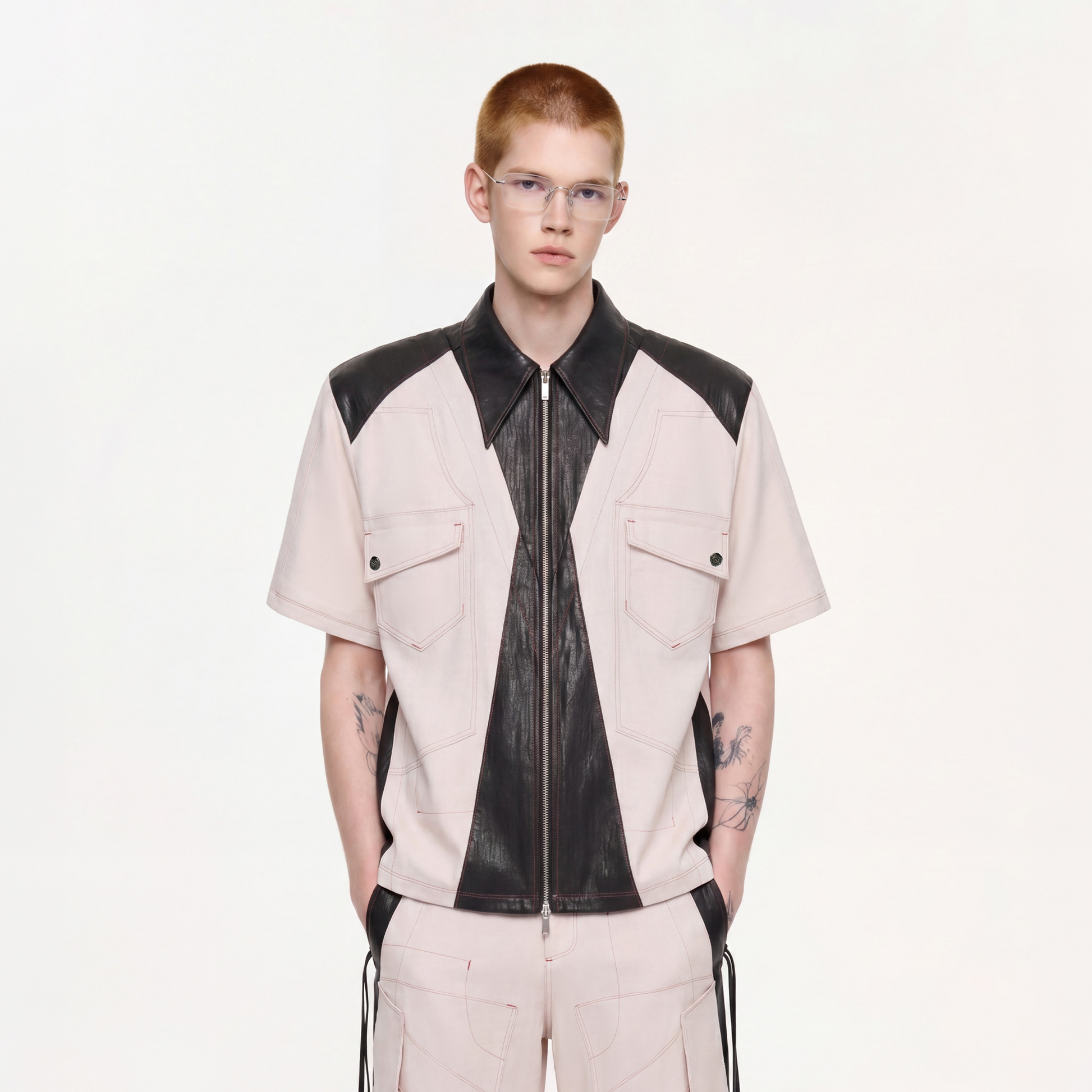 TIWILLTANG Contrast Stitch Paneled Zip-Up Half Shirt-Half shirt-S-Pink-Free Shipping Leatheretro