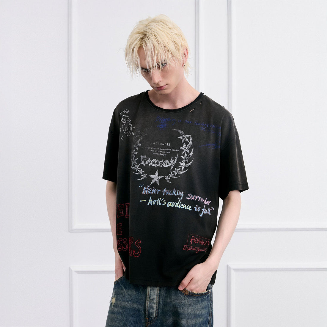 FACEONLAB Punk Graffiti Diamond Distressed T-Shirt-T Shirt-M-Gray-Free Shipping Leatheretro