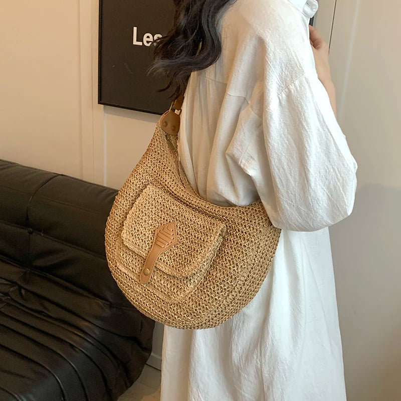 Straw Crossbody Bag Stylish Retro Vacation Look-Handbags-Beige-Free Shipping Leatheretro